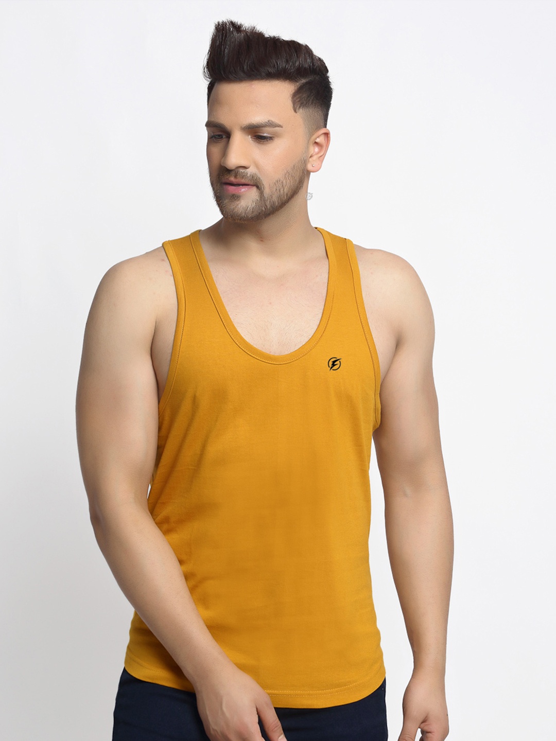 

Friskers Men Mustard Yellow Solid Pure Cotton Drop Cut Casual Gym Vest