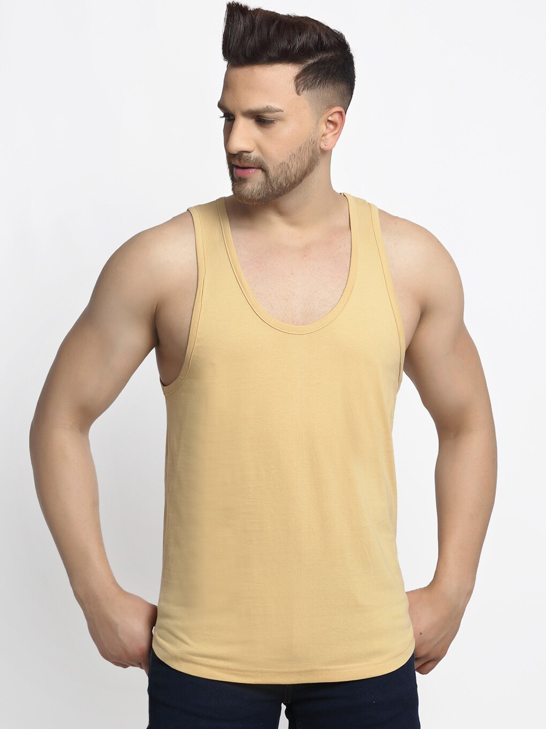 

Friskers Men Beige Solid Pure Cotton Drop-Cut Innerwear Vest