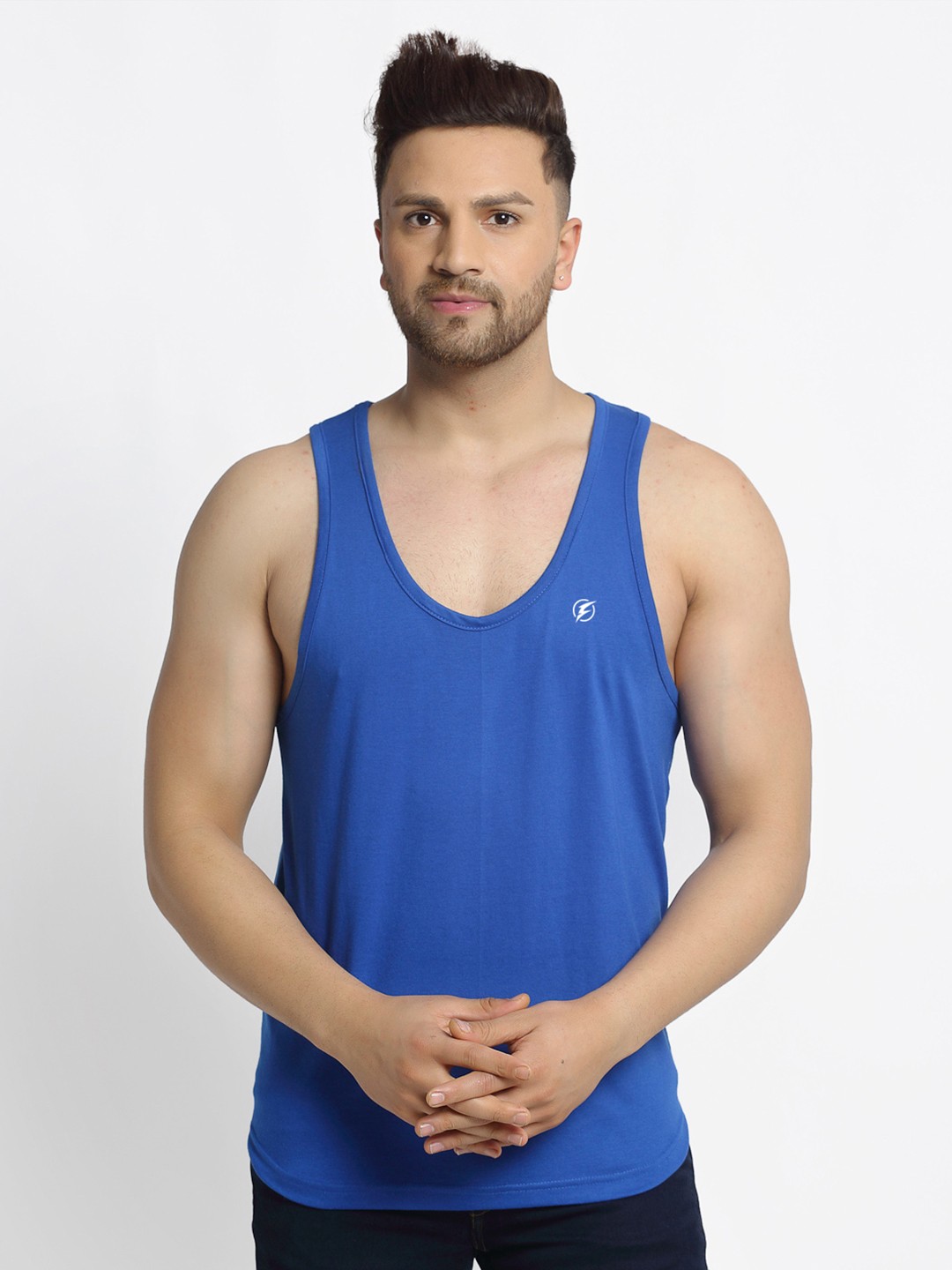 

Friskers Men Blue Solid Pure Cotton Drop Cut Gym Vest
