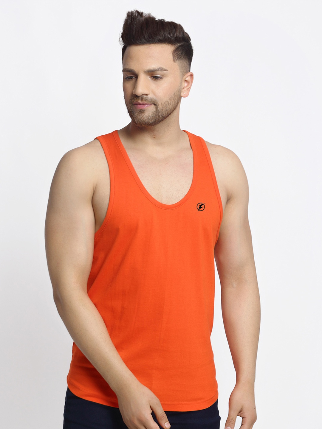 

Friskers Men Orange Solid Pure Cotton Drop Cut Casual Gym Vest