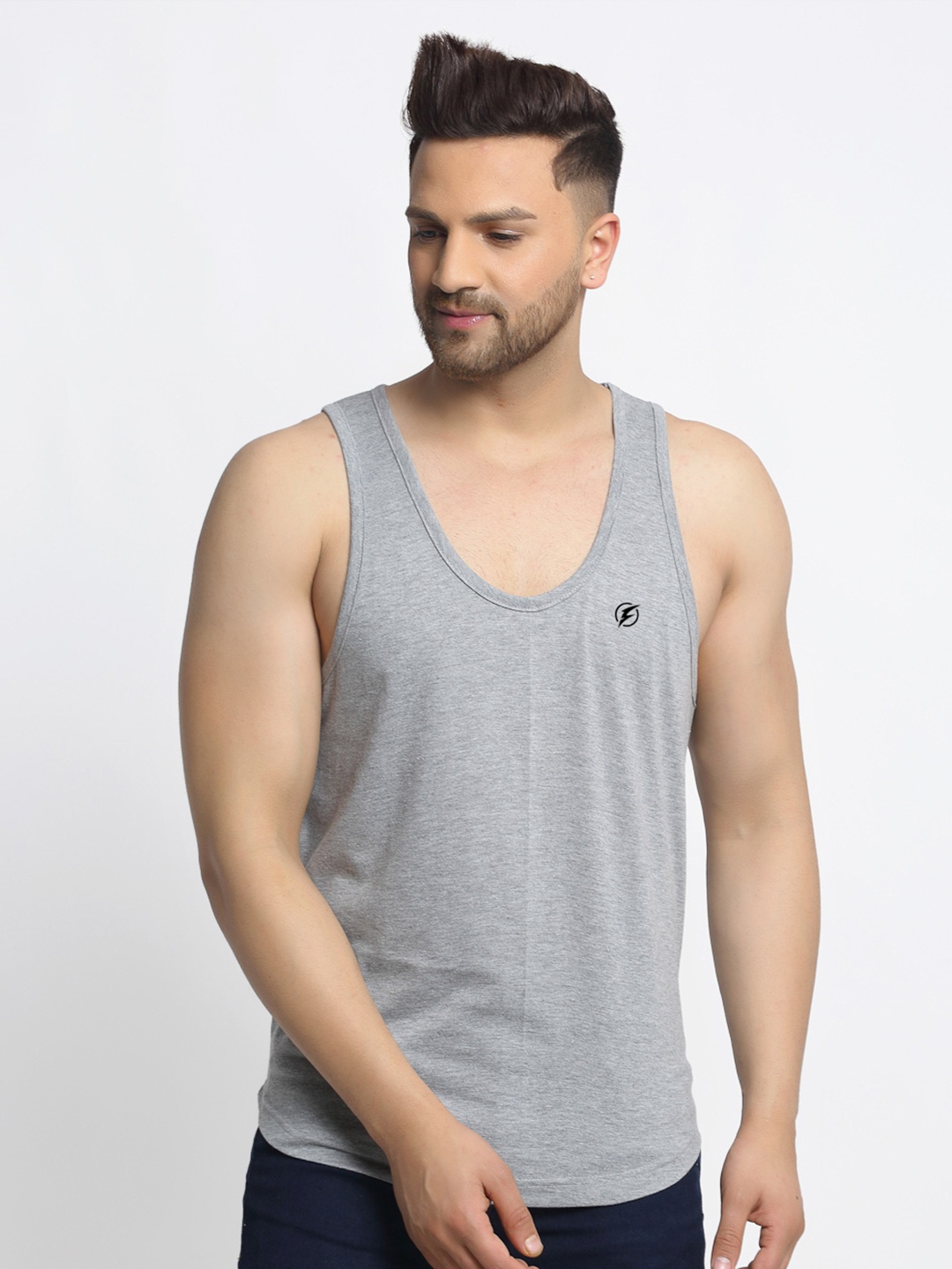 

Friskers Men Grey Solid Pure Cotton Drop Cut Casual Gym Vest