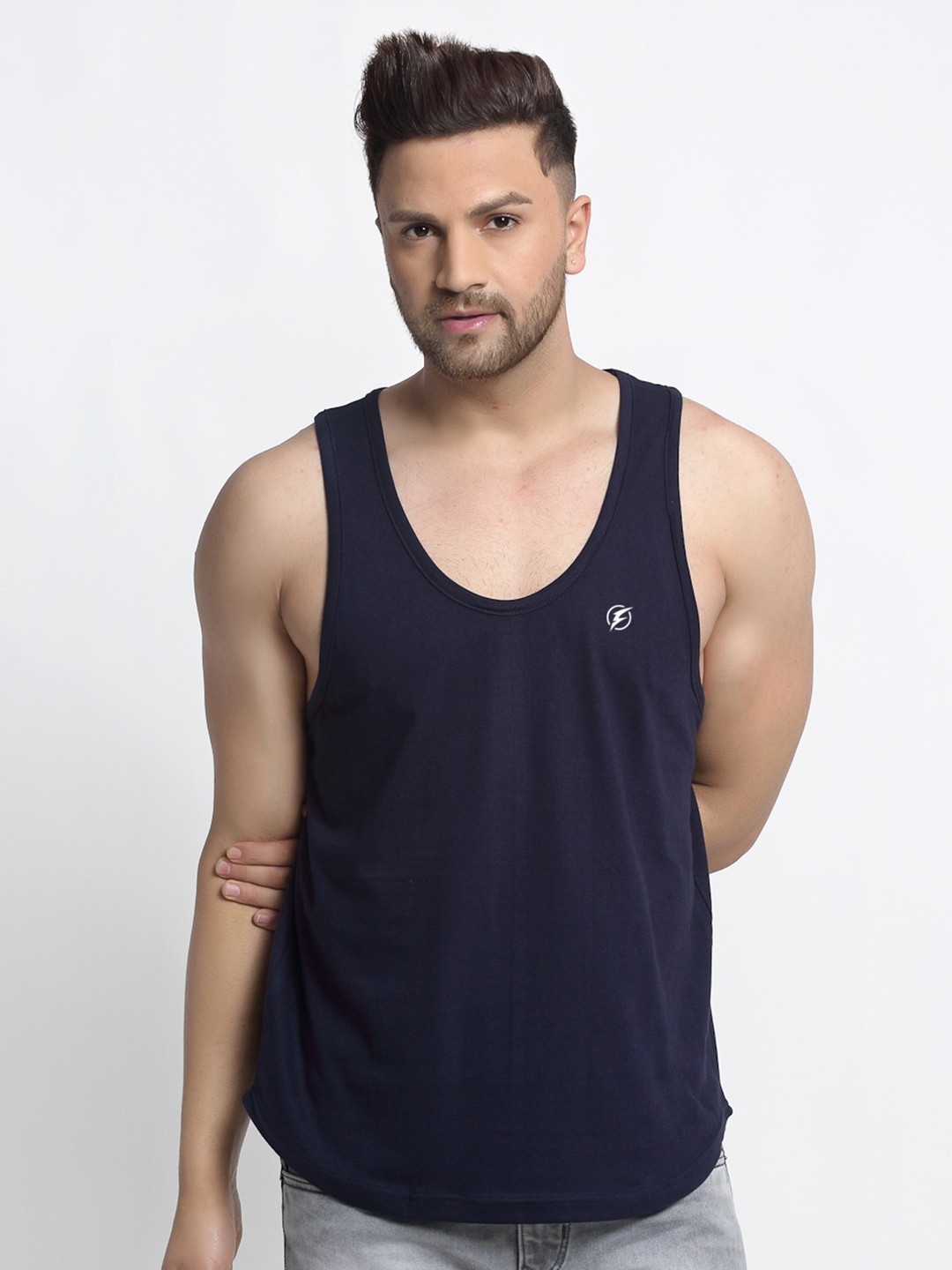 

Friskers Men Navy Blue Solid Drop Cut Cotton Gym Vest