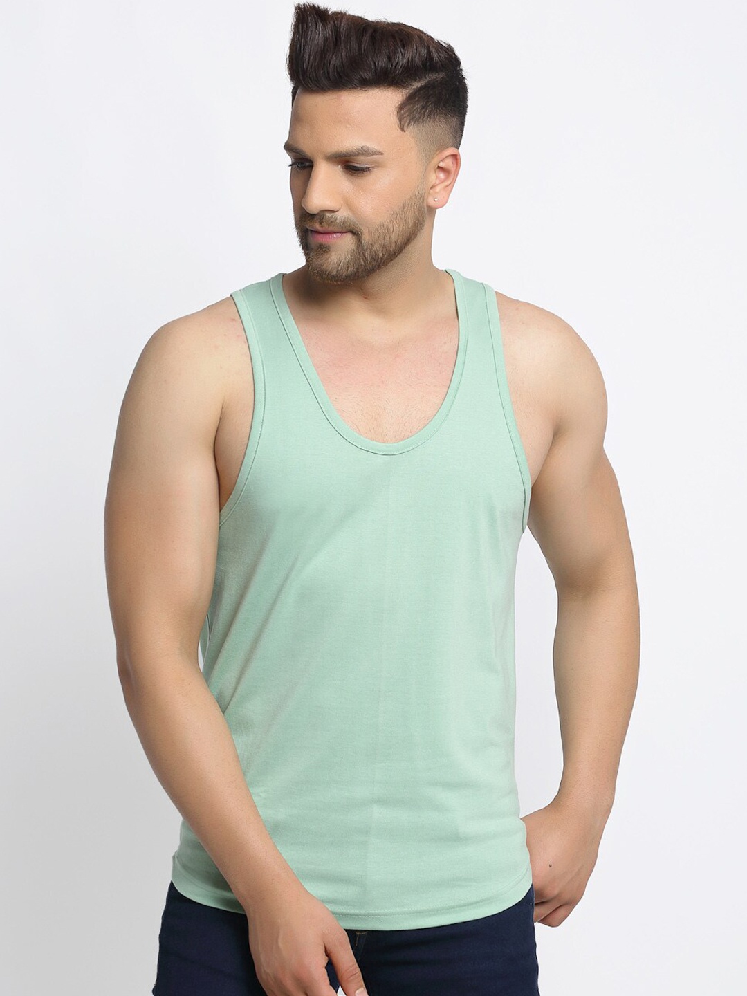 

Friskers Men Sea Green Solid Pure Cotton Drop Cut Casual Gym Vest