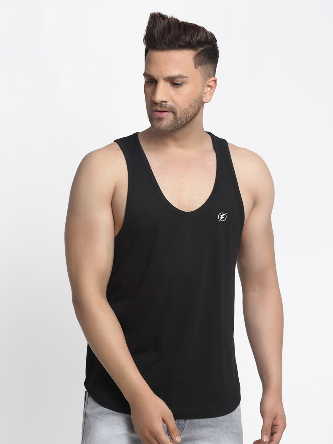 

Friskers Men Black Solid Drop Cut Cotton Gym Vest