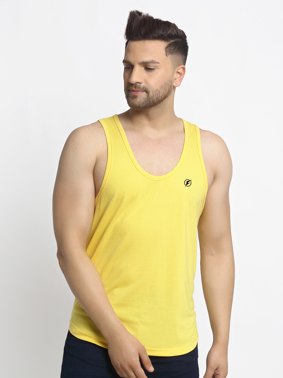 

Friskers Men Yellow Solid Pure Cotton Drop-Cut Gym Innerwear Vest