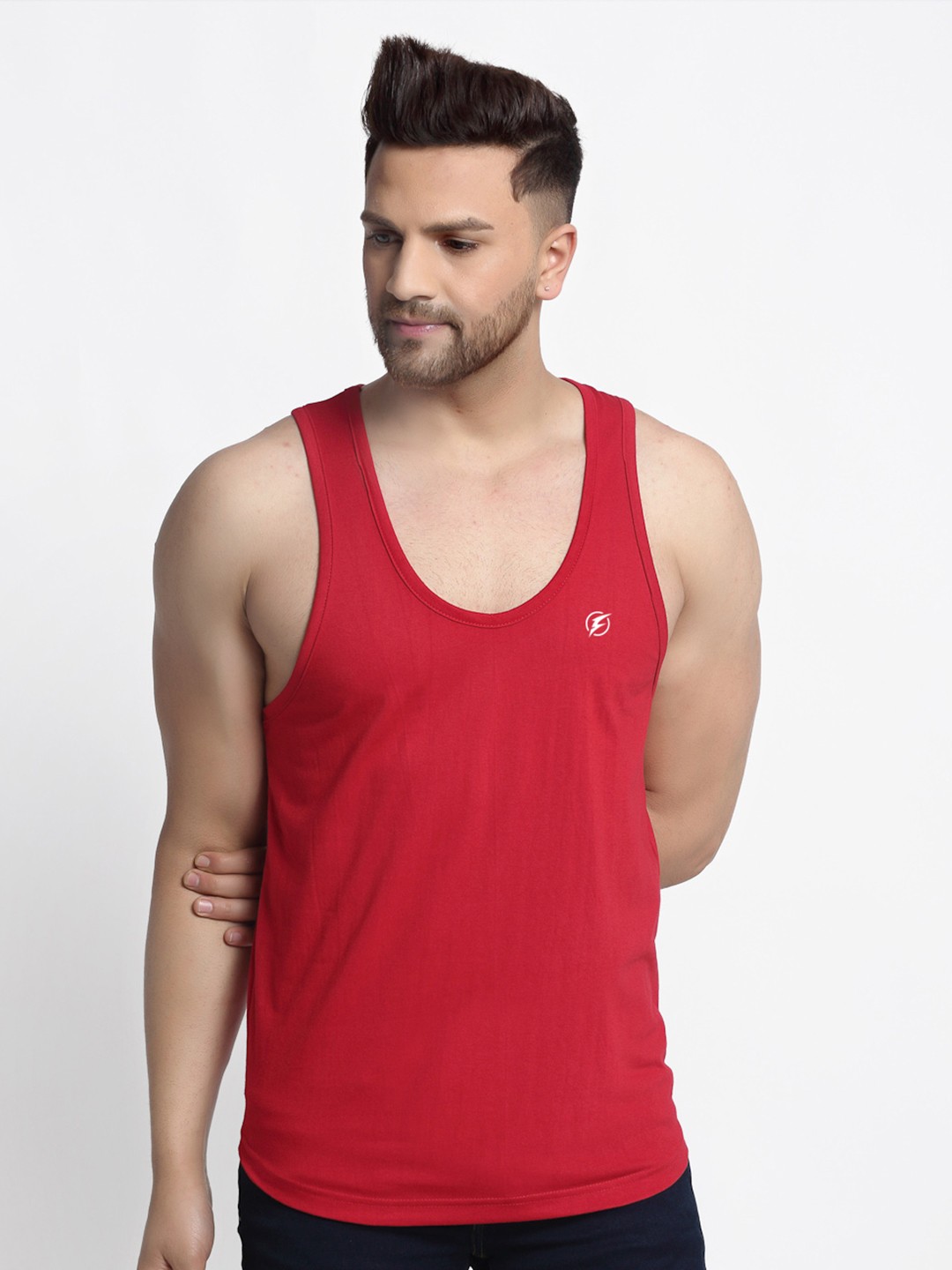 

Friskers Men Red Solid Pure Cotton Drop-Cut Gym Innerwear Vest