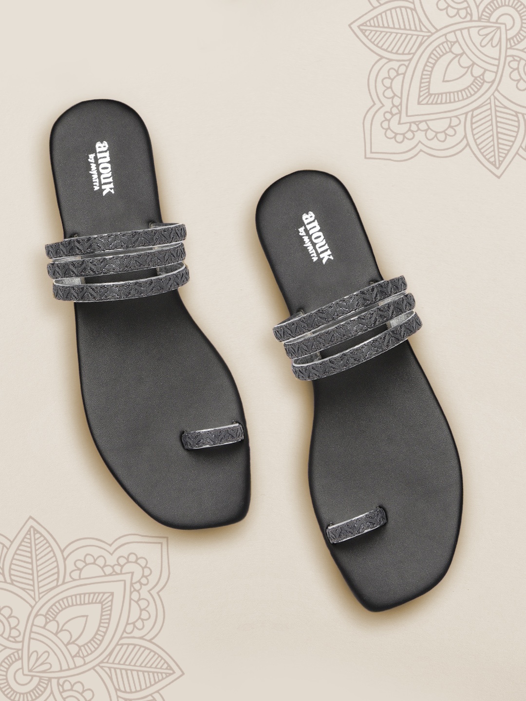 

Anouk Women Silver-Toned & Black Embellished One Toe Flats
