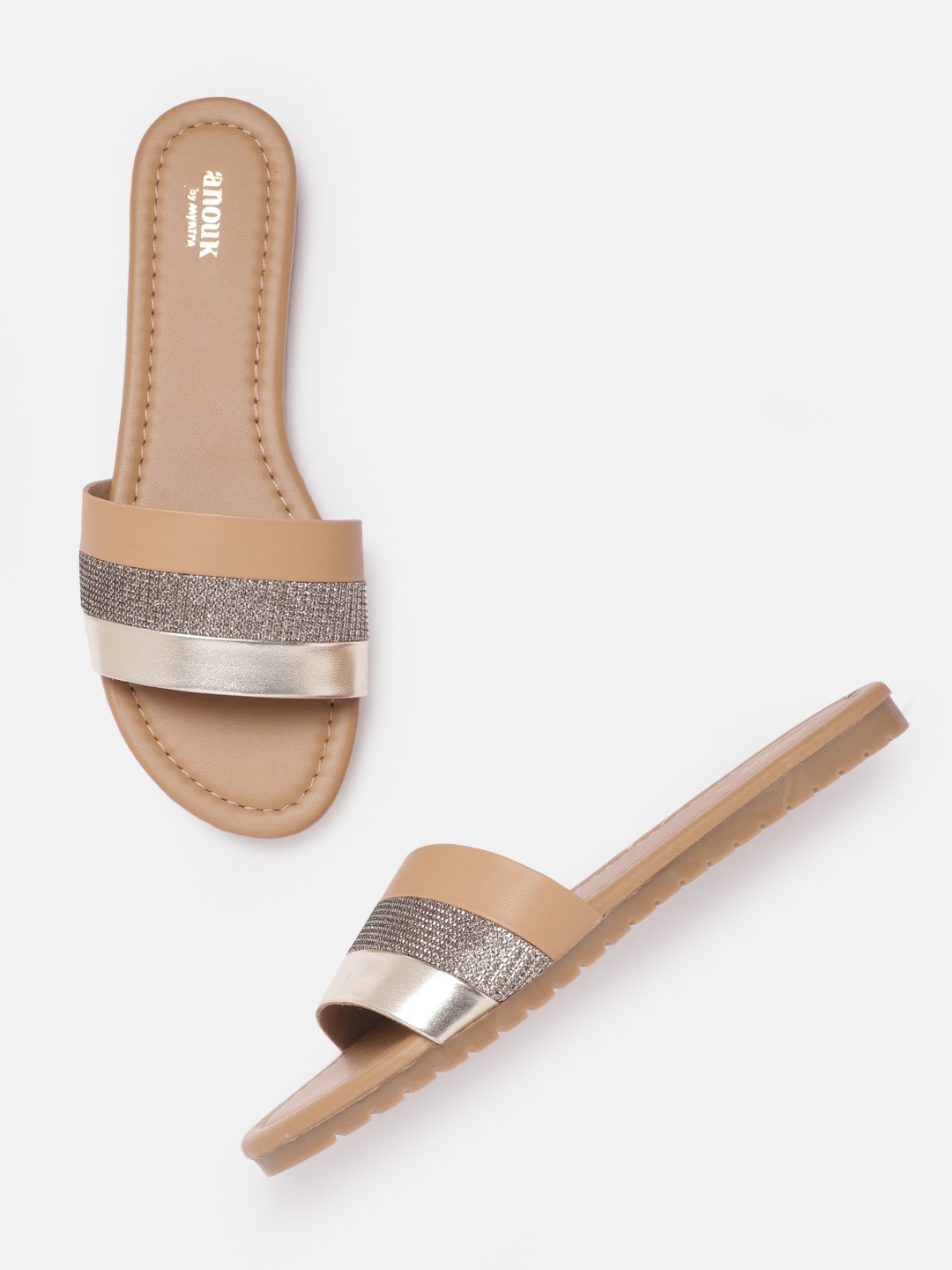 

Anouk Women Gold-Toned & Beige Striped Open Toe Flats