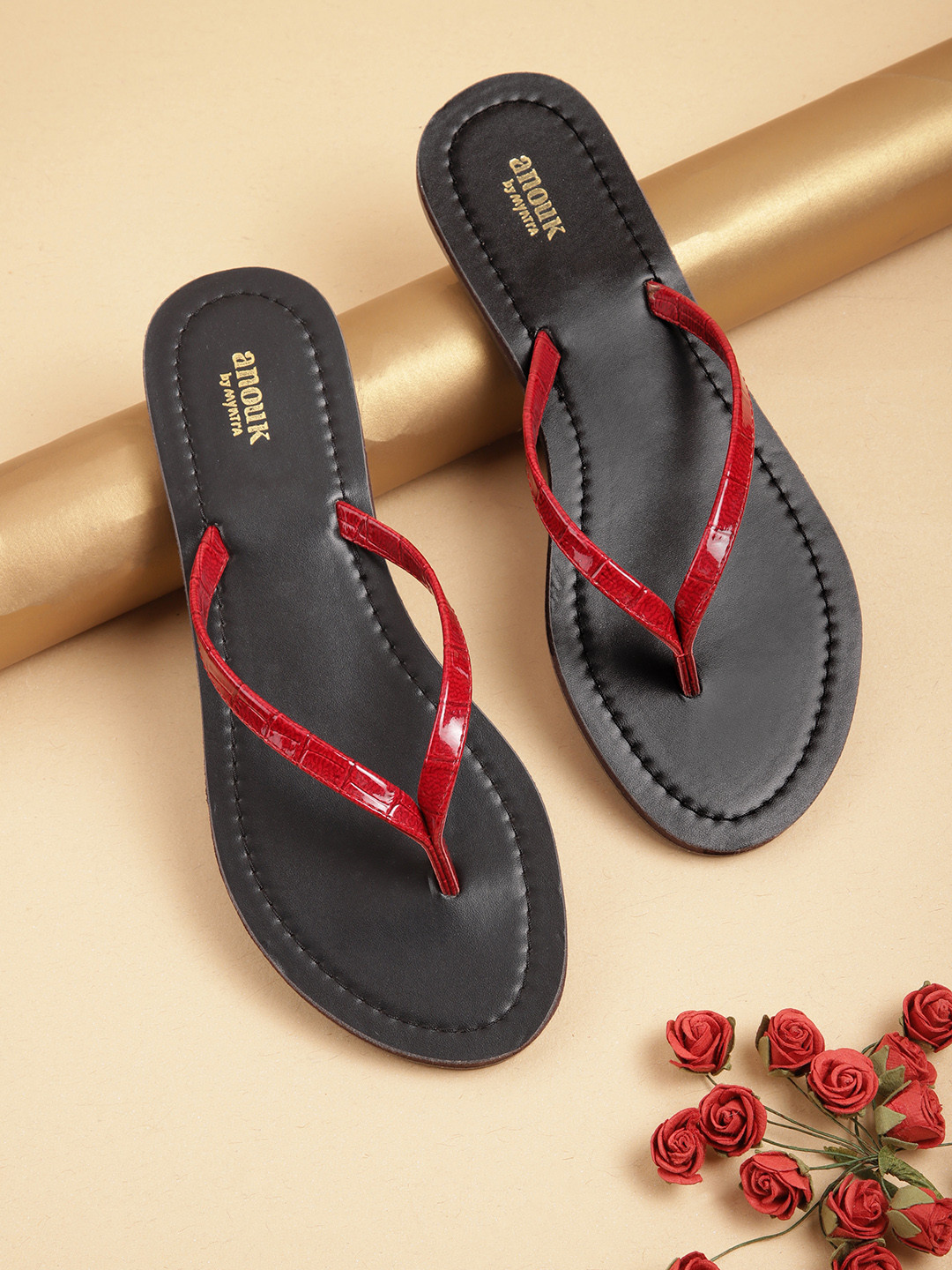 

Anouk Women Maroon Croc Textured Handcrafted Open Toe Flats