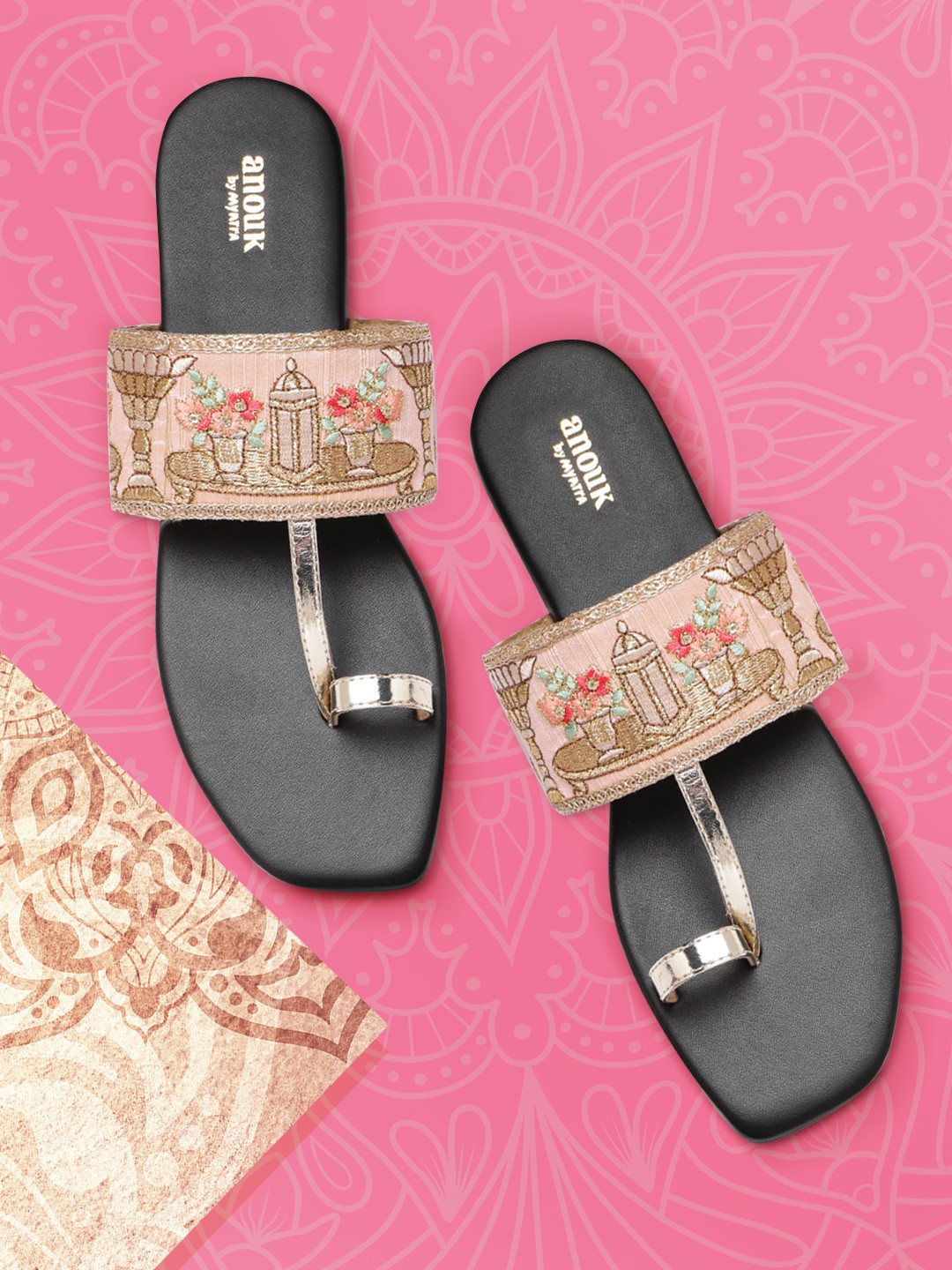 

Anouk Women Gold-Toned & Pink Embroidered One Toe Flats
