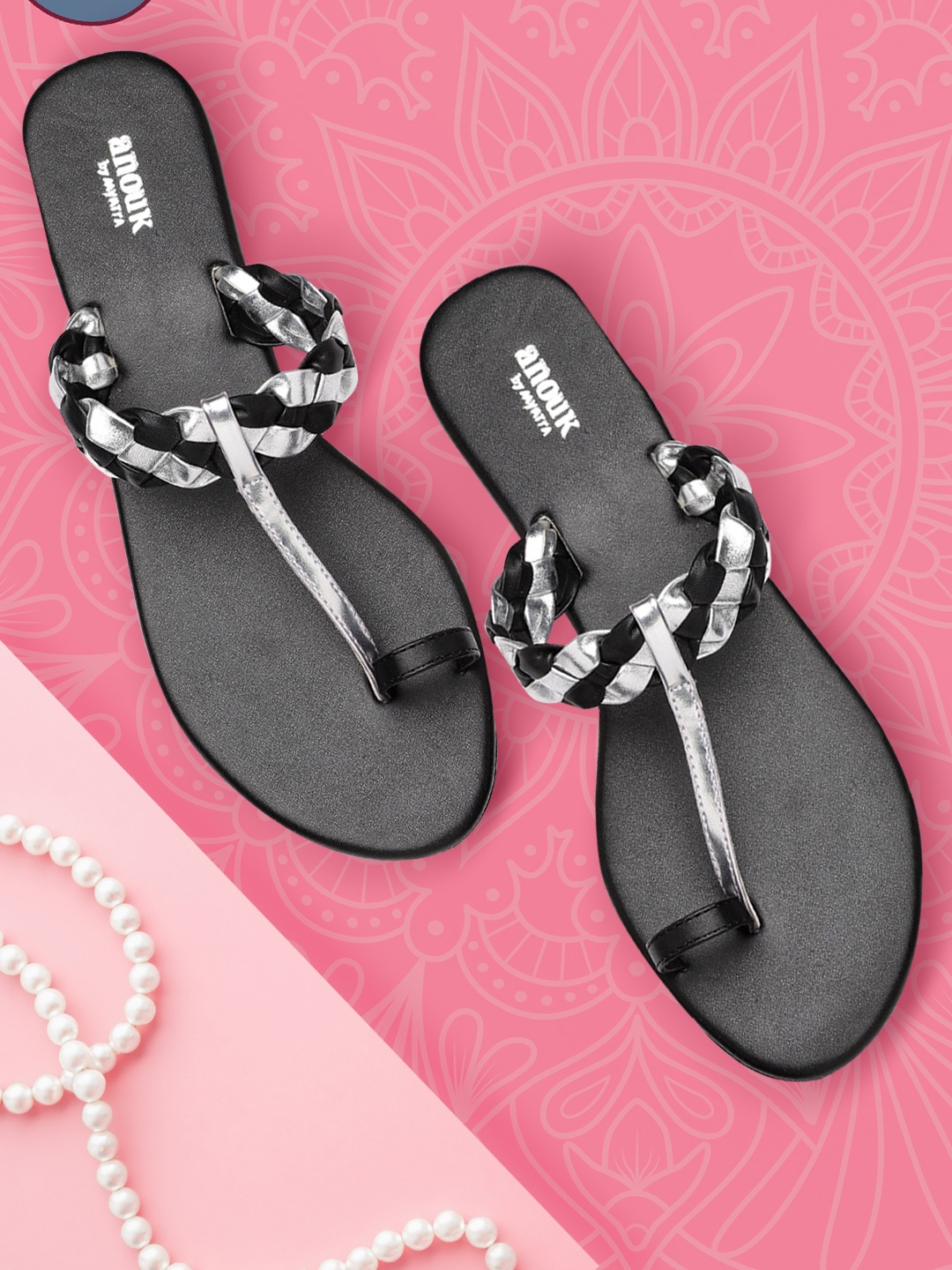 

Anouk Women Silver-Toned & Black Braided Handcrafted One Toe Flats