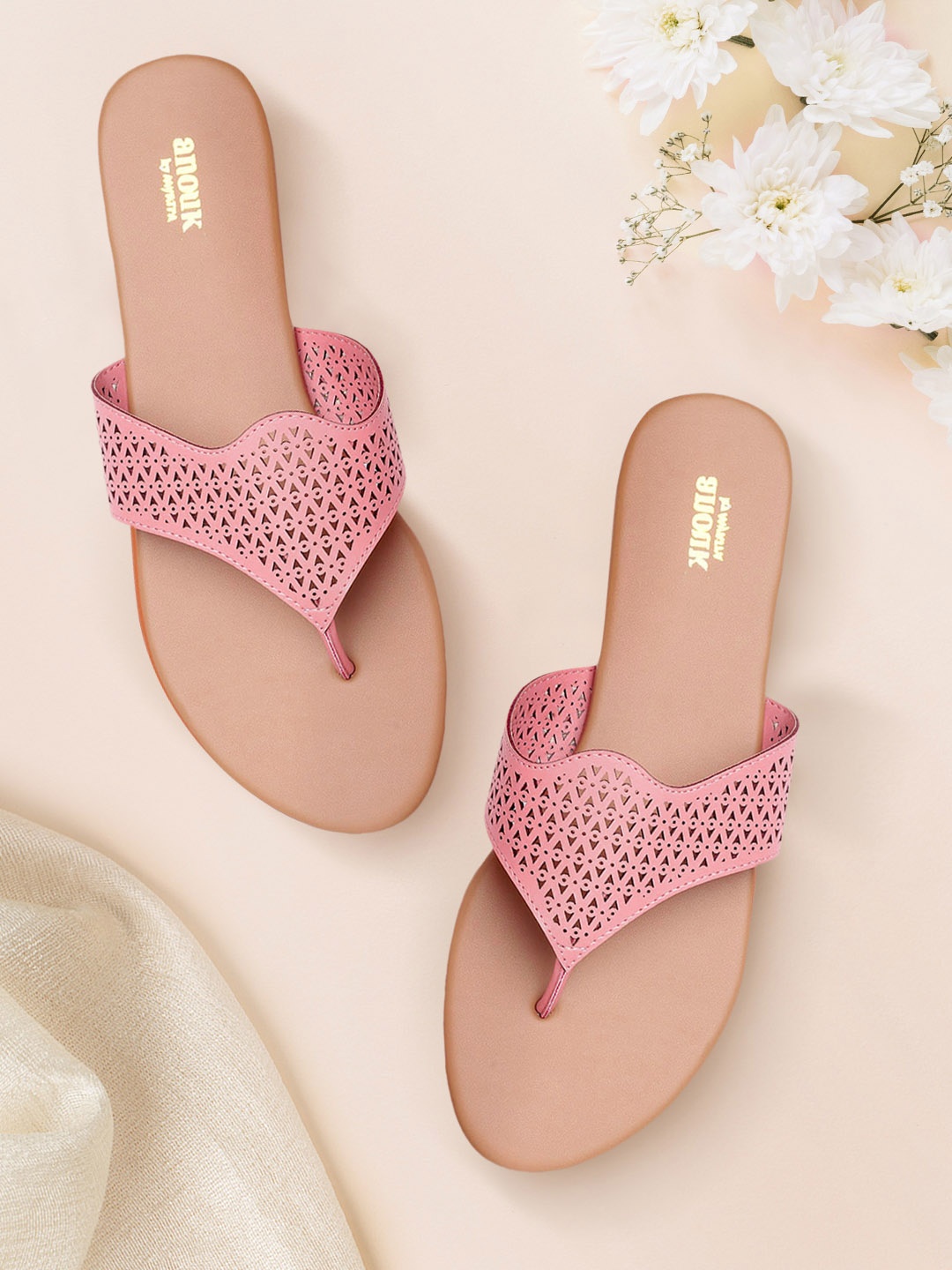 

Anouk Women Pink Handcrafted Open Toe Flats with Laser Cuts