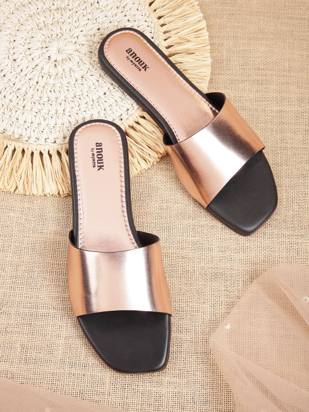 

Anouk Women Rose Gold-Toned Solid Handcrafted Open Toe Flats