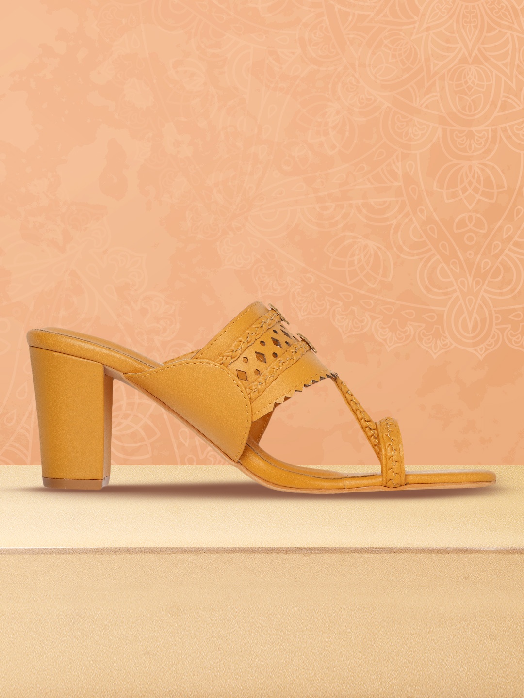 

Anouk Mustard Yellow Laser Cut Block Heels
