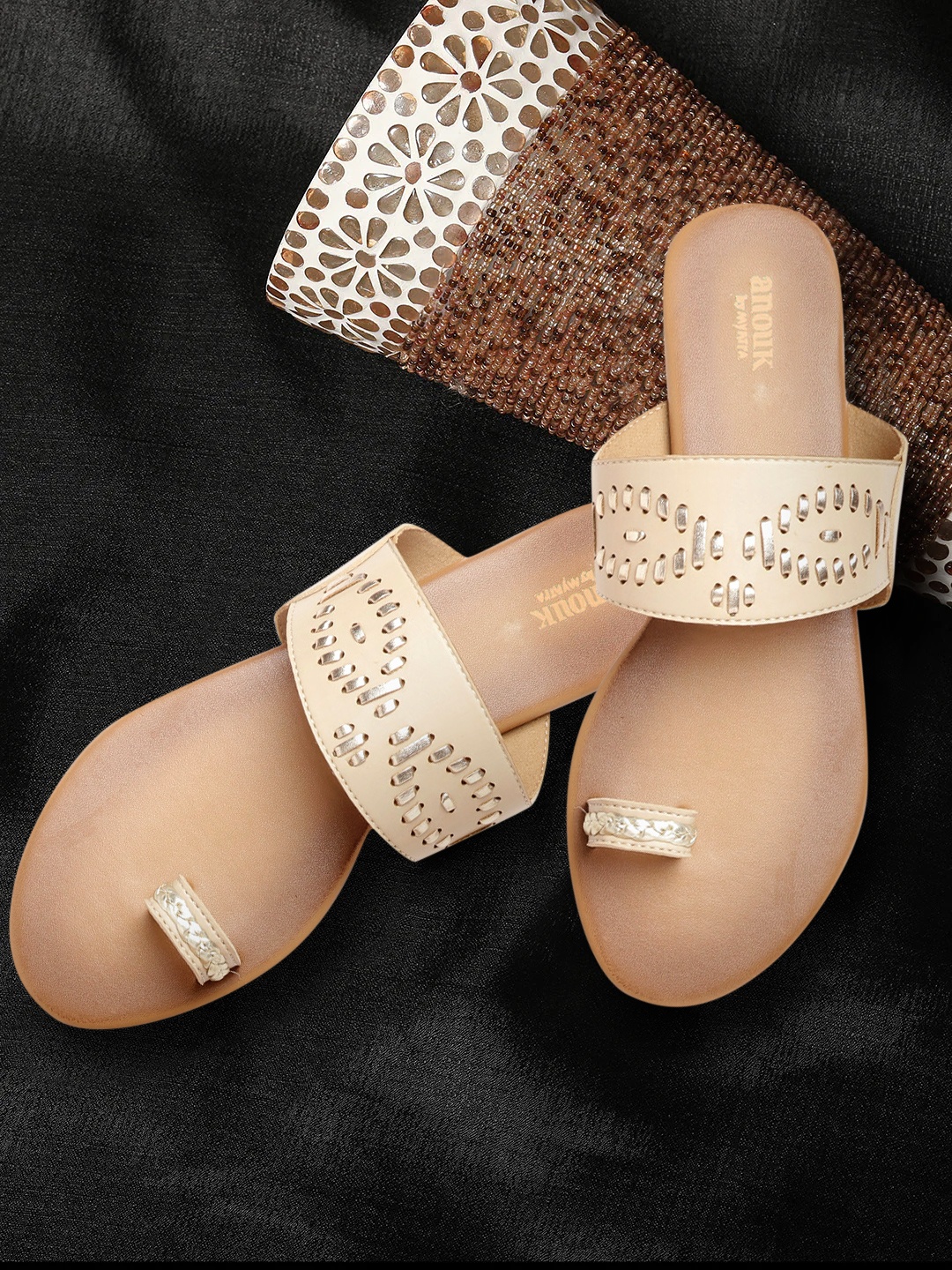 

Anouk Women Beige & Gold-Toned Braided Woven Design Ethnic One Toe Flats