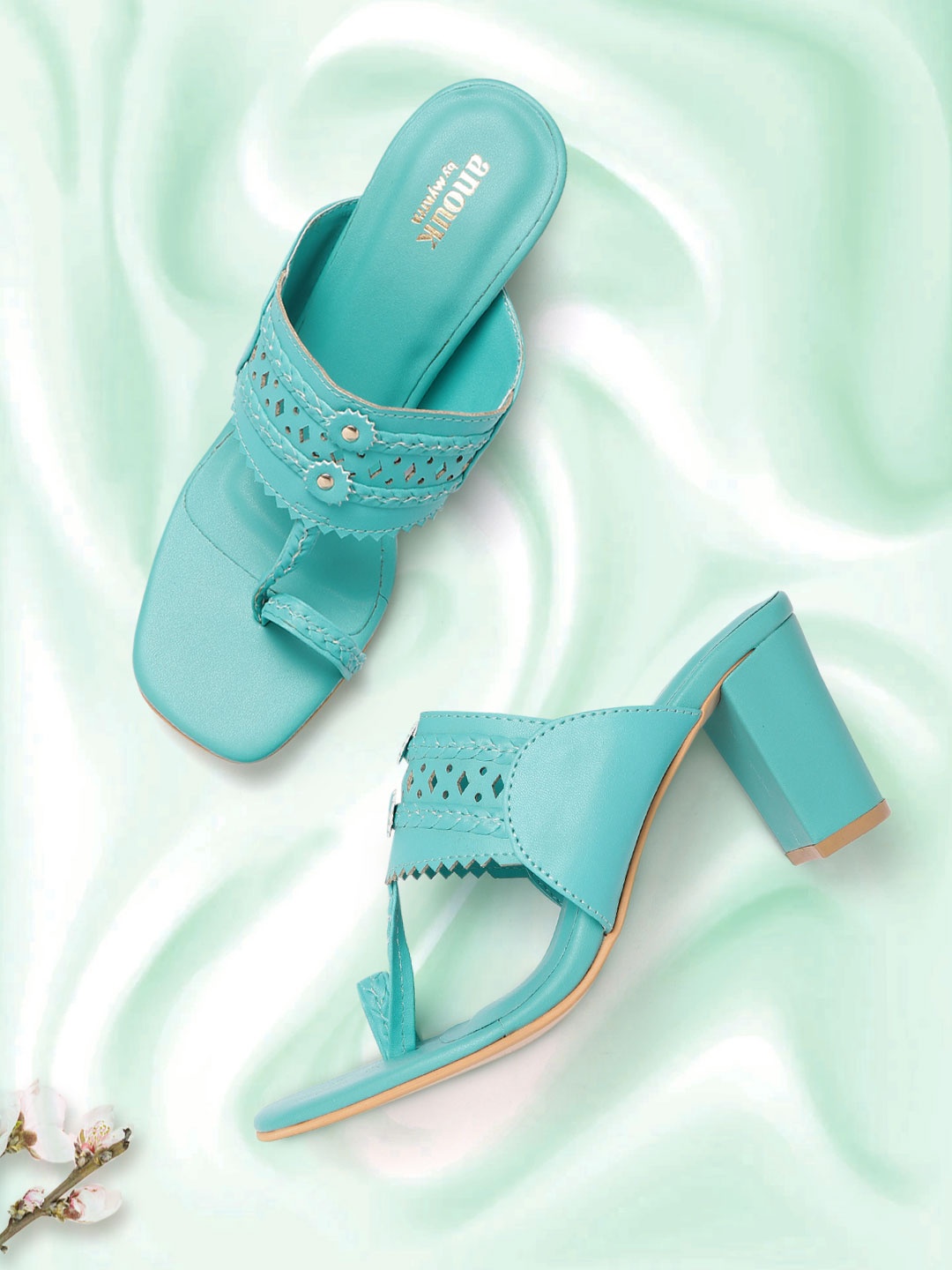 

Anouk Blue Solid Block Sandals with Braided Design & Laser Cuts