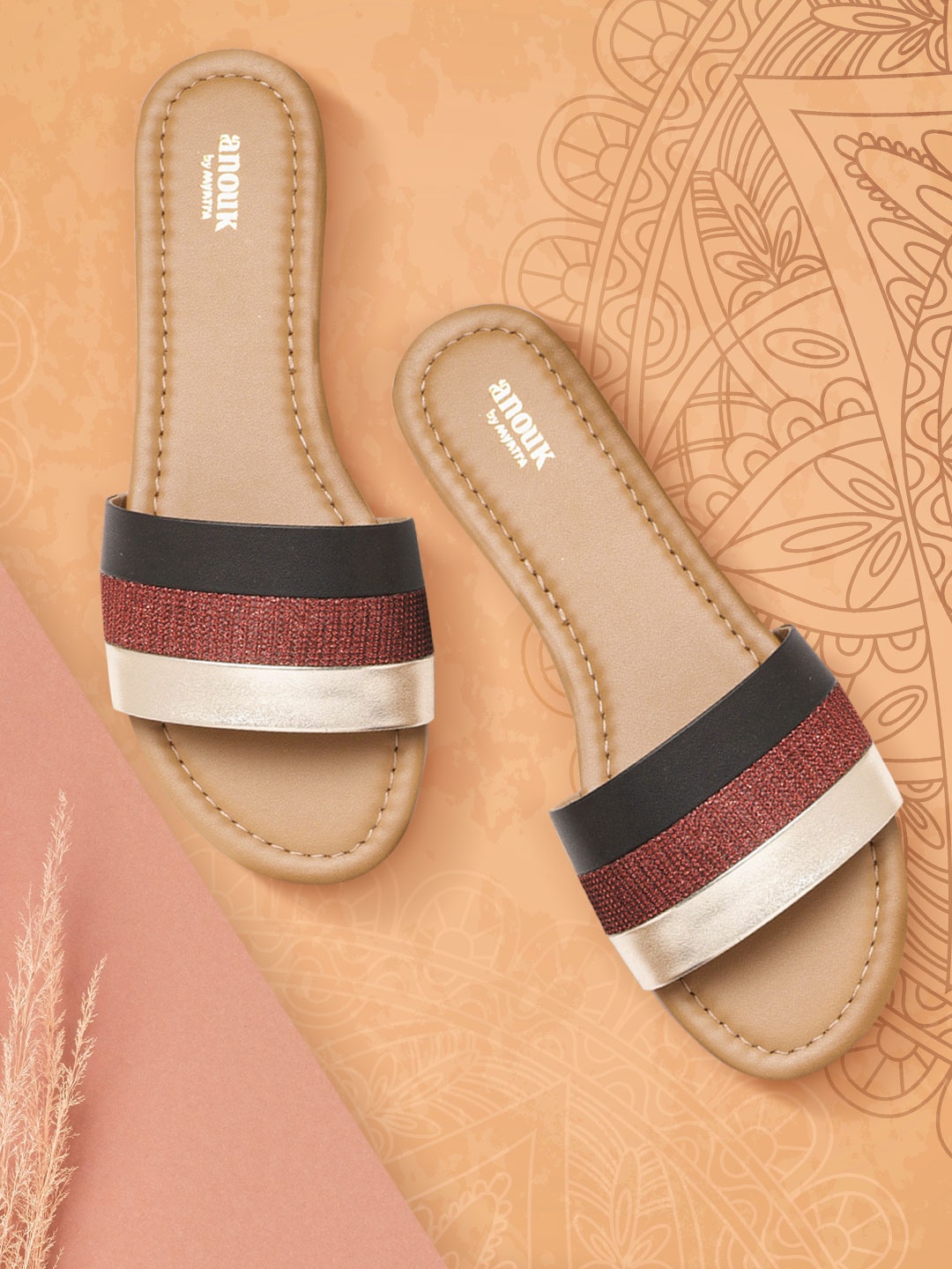 

Anouk Women Gold-Toned & Red Striped Open Toe Flats