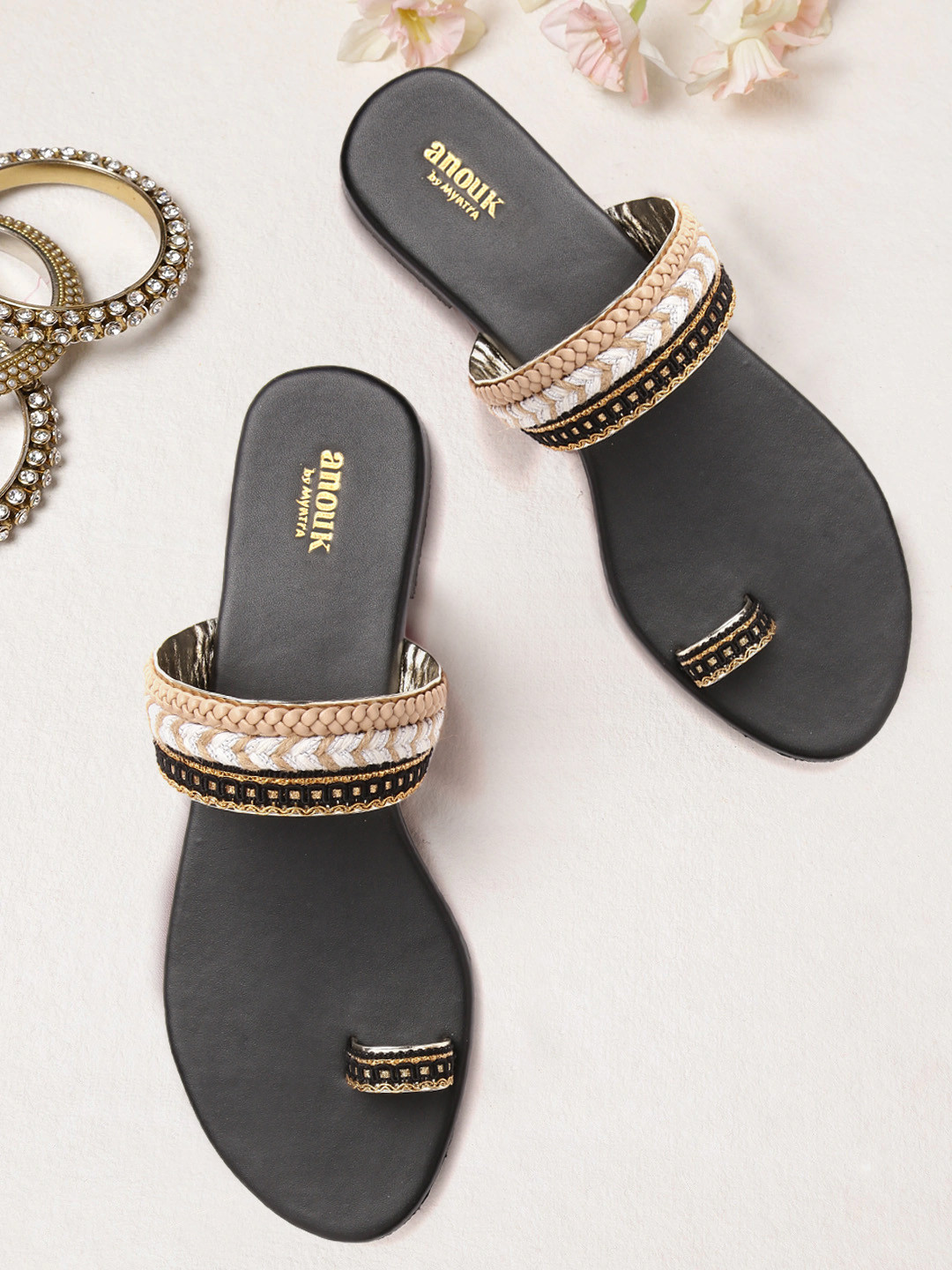 

Anouk Women Black & Gold Ethnic Woven Design One Toe Flats
