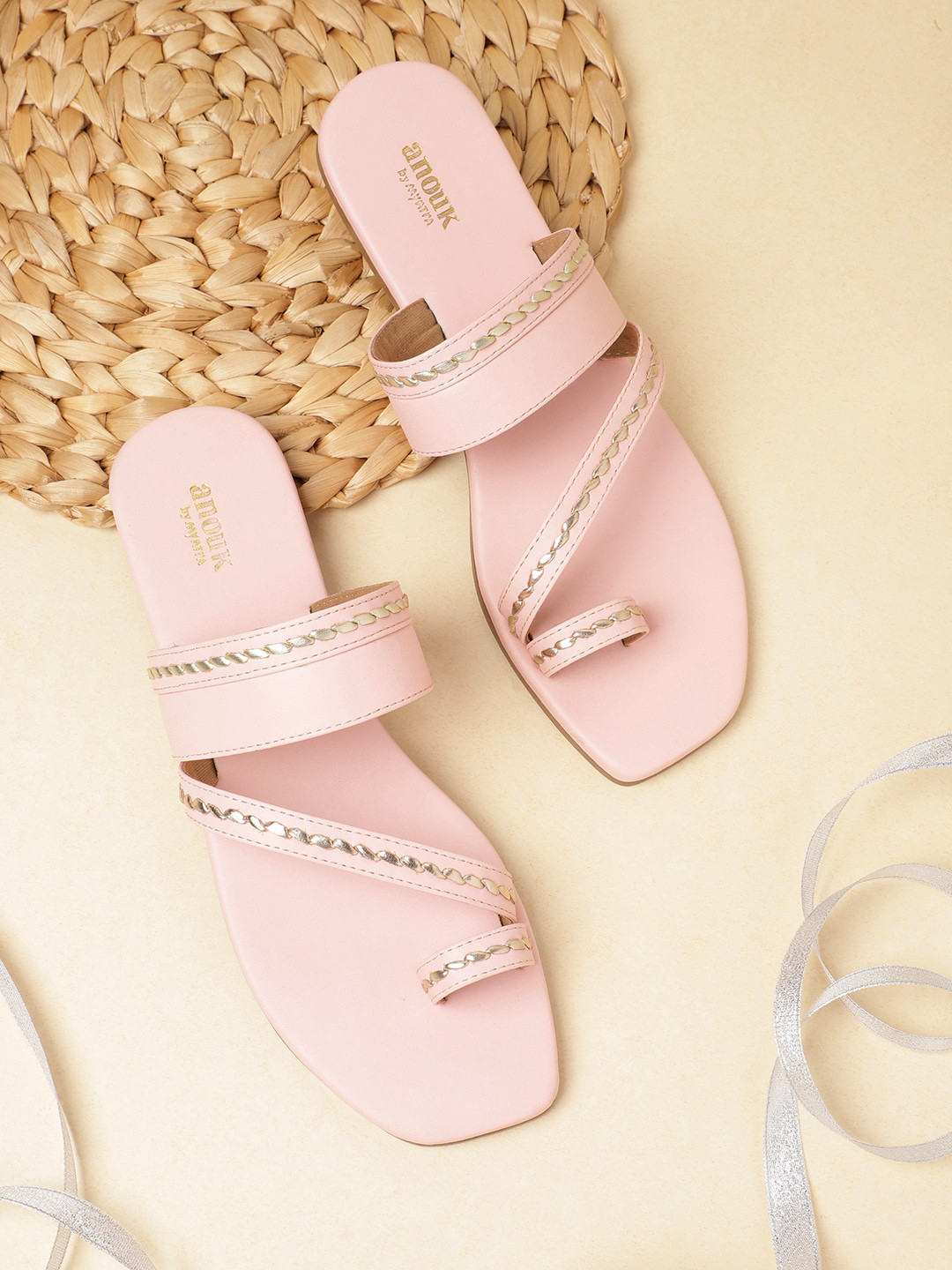 

Anouk Women Pink & Gold-Toned Woven Design Handcrafted One Toe Flats
