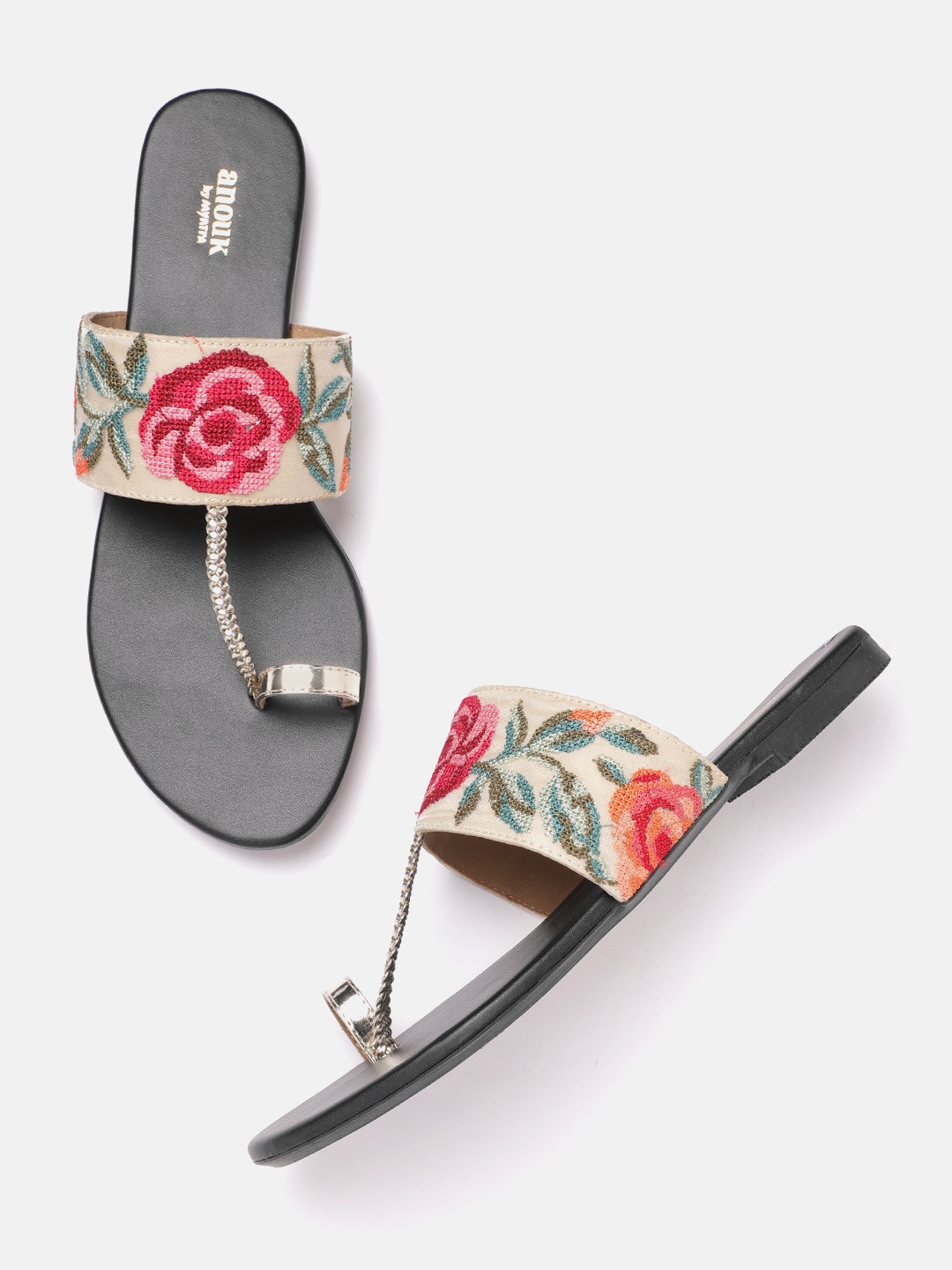 

Anouk Women Gold-Toned & Pink Floral Embroidered One Toe Flats