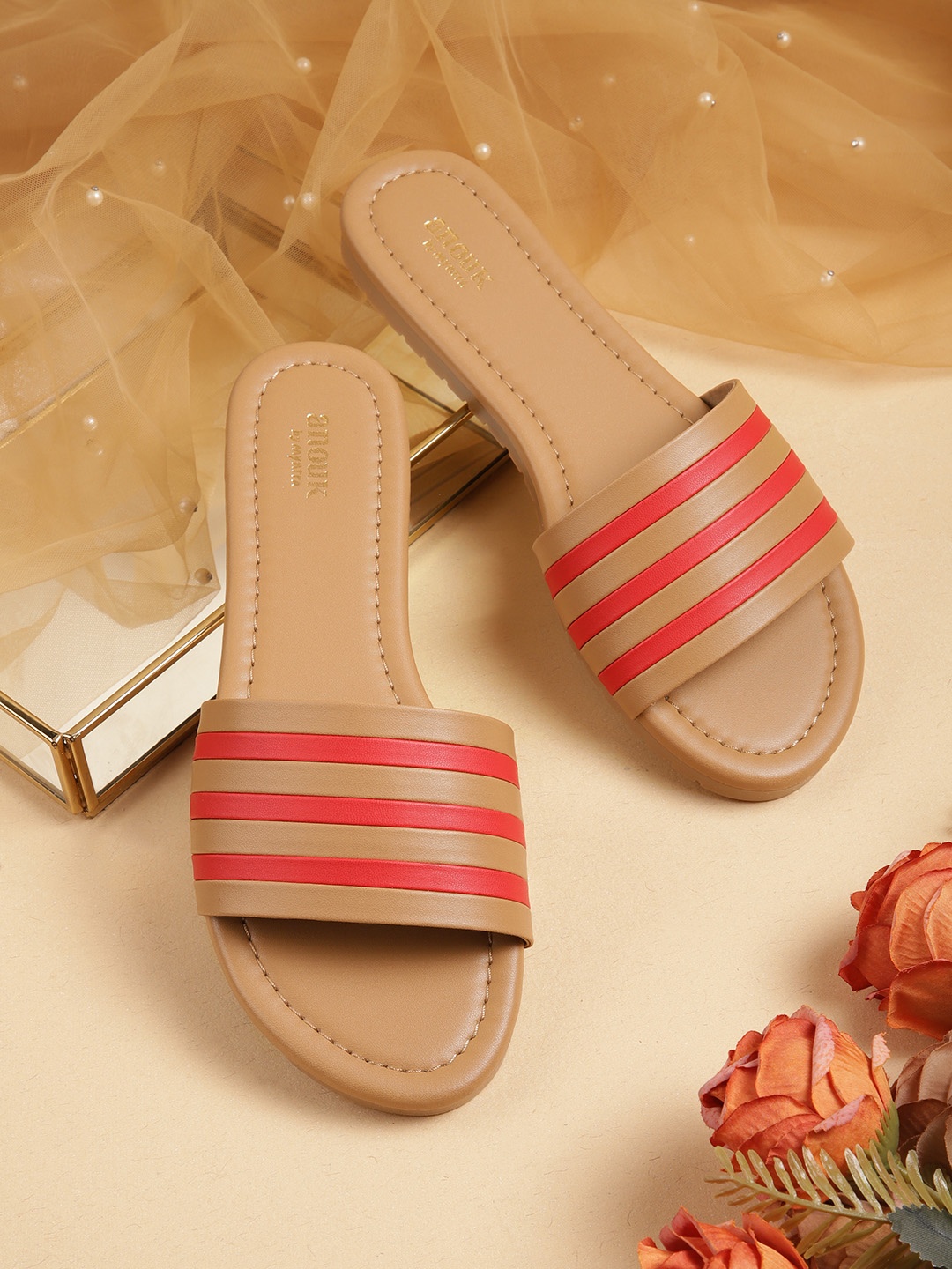 

Anouk Women Beige & Red Striped Open Toe Flats