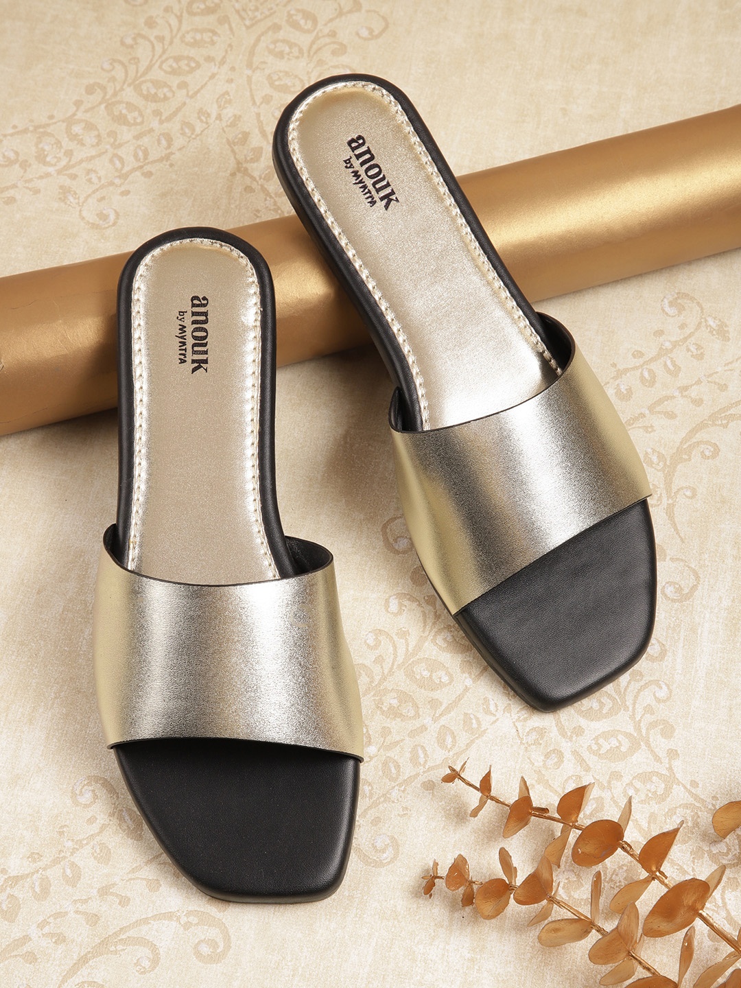 

Anouk Women Muted Gold-Toned Solid Handcrafted Open Toe Flats