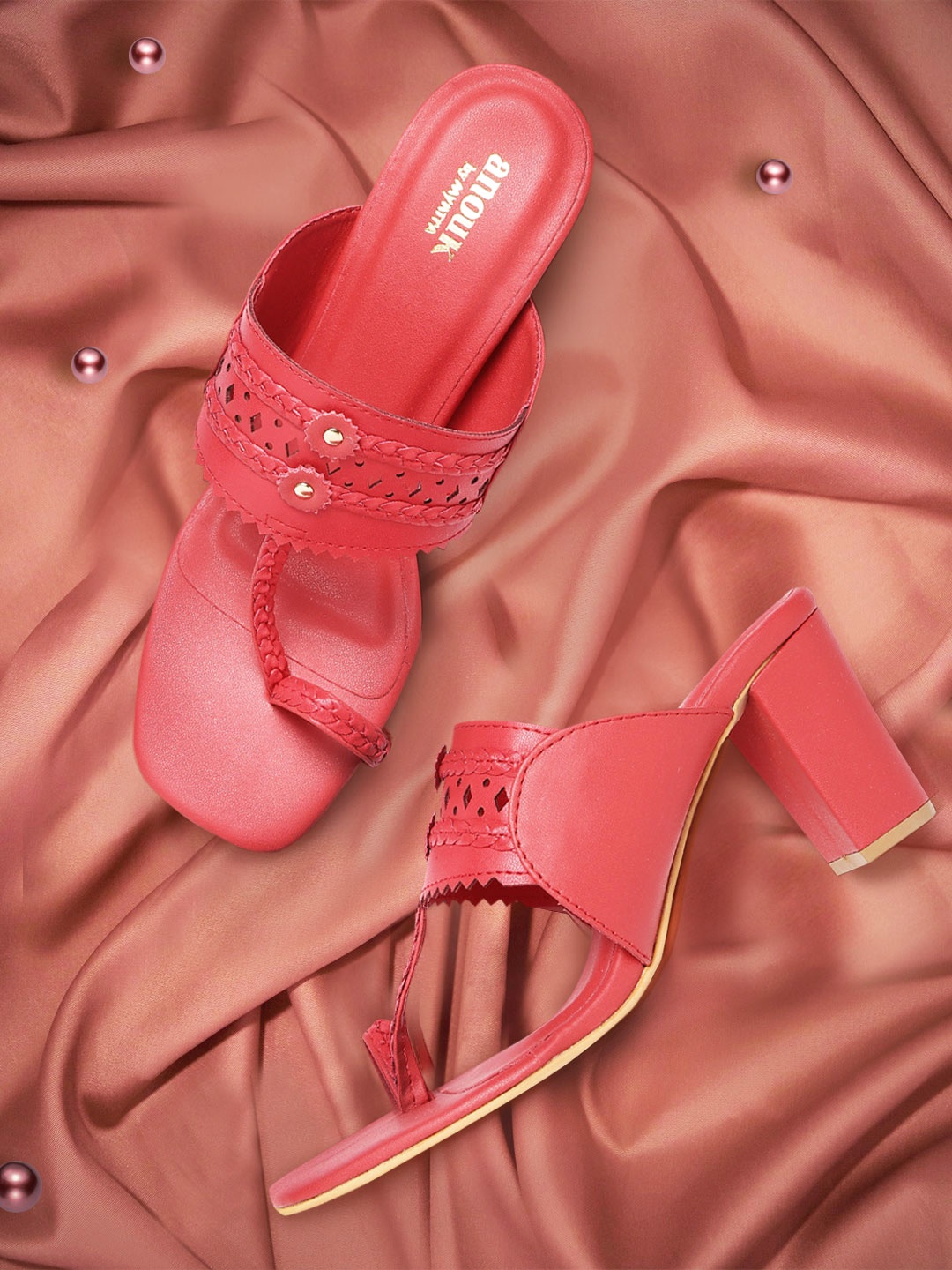 

Anouk Red Braided Woven Design One Toe Laser Cut Block Heels