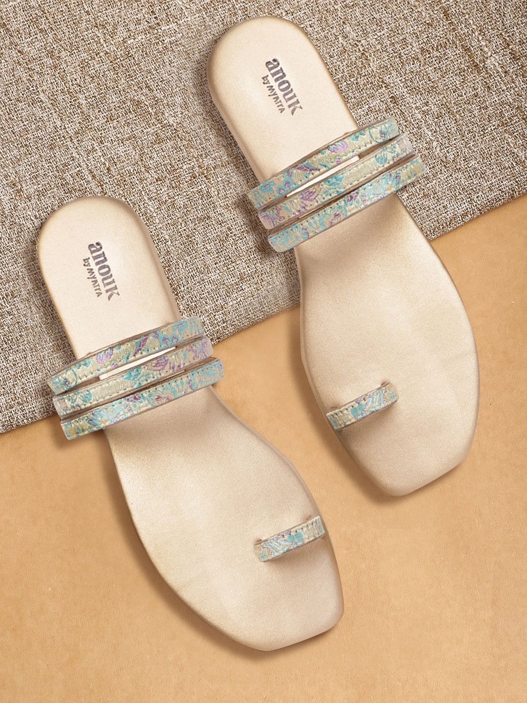 

Anouk Women Gold-Toned & Blue Woven Design One Toe Flats