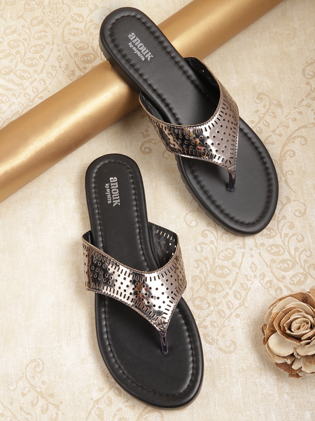 

Anouk Women Gunmetal-Toned Handcrafted Open Toe Flats with Laser Cuts, Metallic
