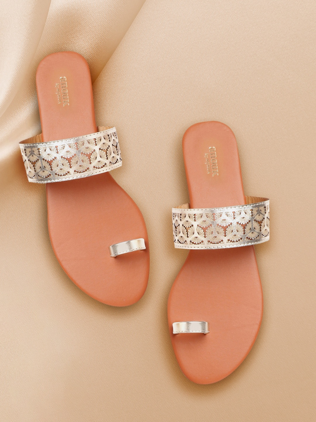 

Anouk Women Gold-Toned Floral Textured Open Toe Flats