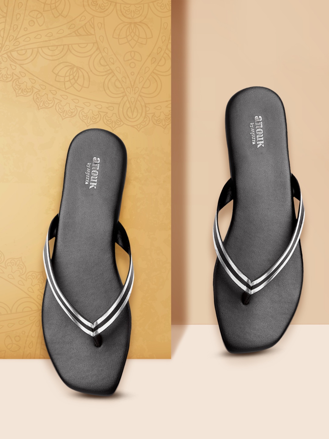 

Anouk Women Black & Silver-Toned Striped Open Toe Flats