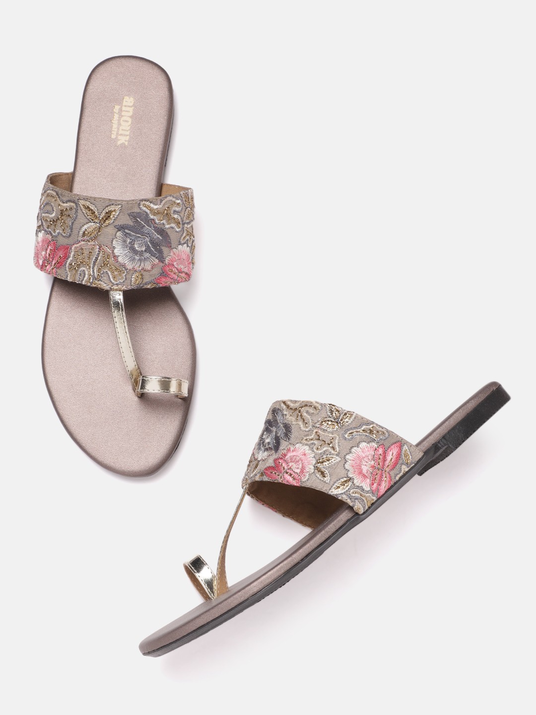 

Anouk Women Grey & Gold-Toned Floral Embroidered One Toe Flats