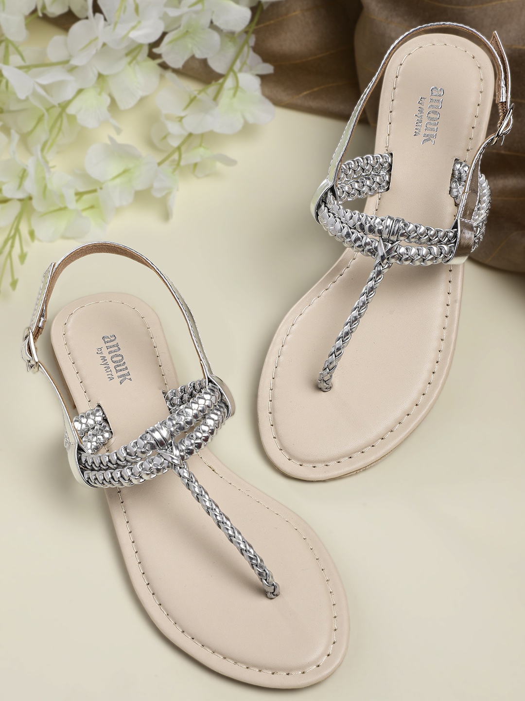 

Anouk Women Silver-Toned Braided Woven Design Handcrafted T-Strap Flats