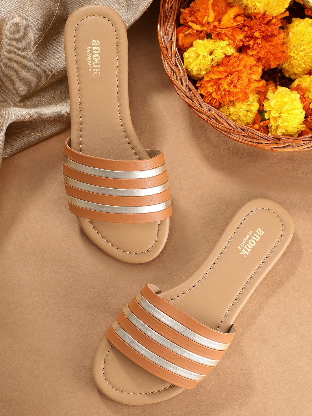 

Anouk Women Tan Brown & Silver-Toned Striped Open Toe Flats
