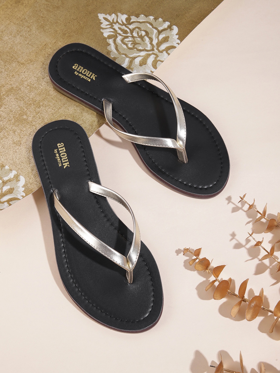 

Anouk Women Gold-Toned Handcrafted Open Toe Flats