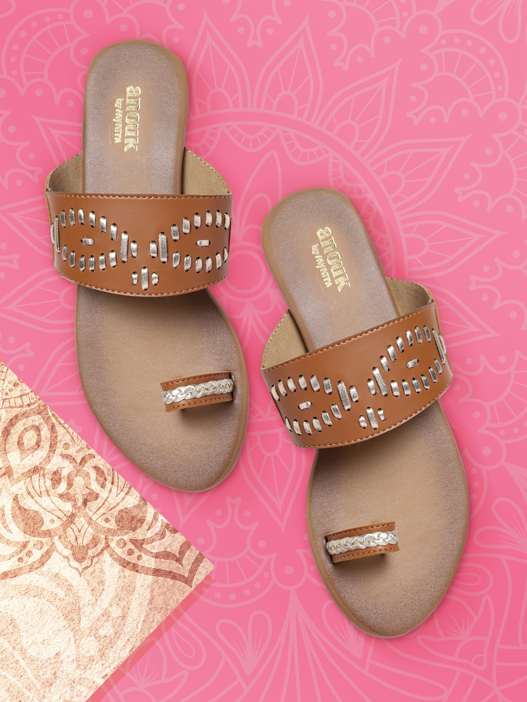 

Anouk Women Brown & Gold-Toned Woven Design One Toe Flats