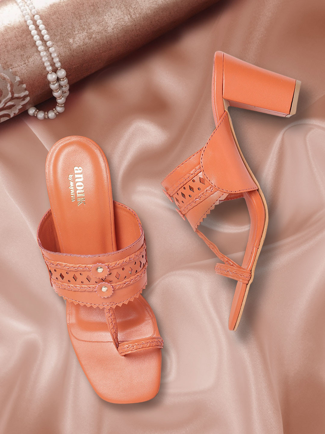 

Anouk Orange Solid Block Sandals with Braided Design & Laser Cuts