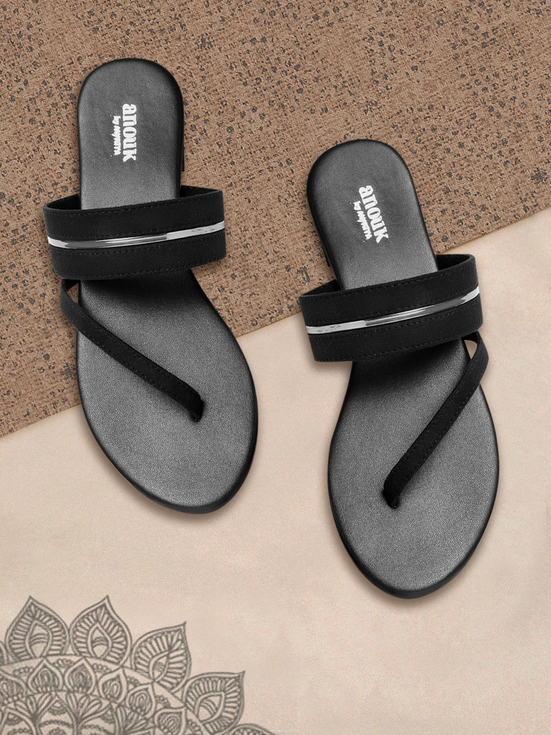 

Anouk Women Black & Gunmetal-Toned Striped Suede Finish Handcrafted Open Toe Flats