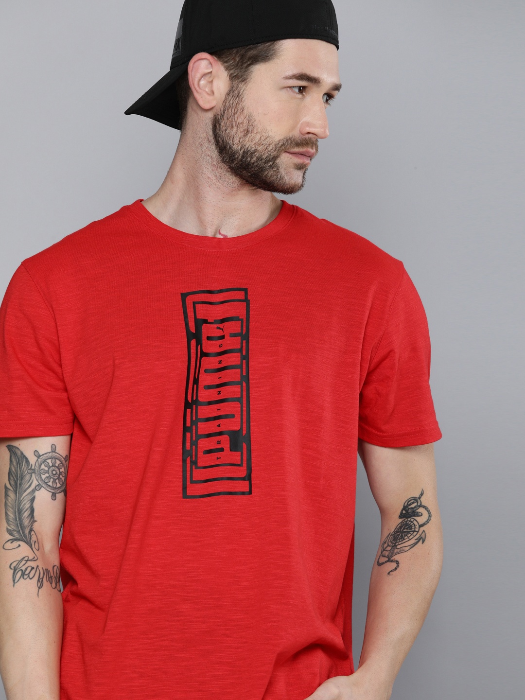 

Puma Men Red & Black Brand Logo Printed Performance Cat Training T-shirt