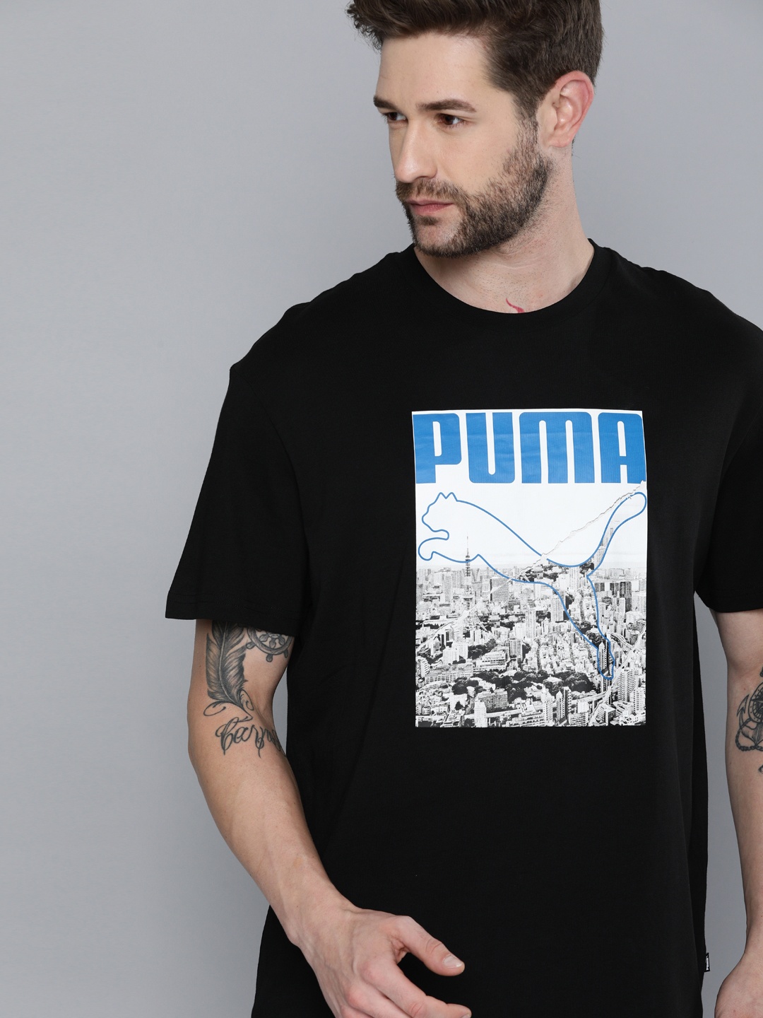 

Puma Men Black White Pure Cotton Photo Print Relaxed Fit Loose Pure Cotton T-shirt