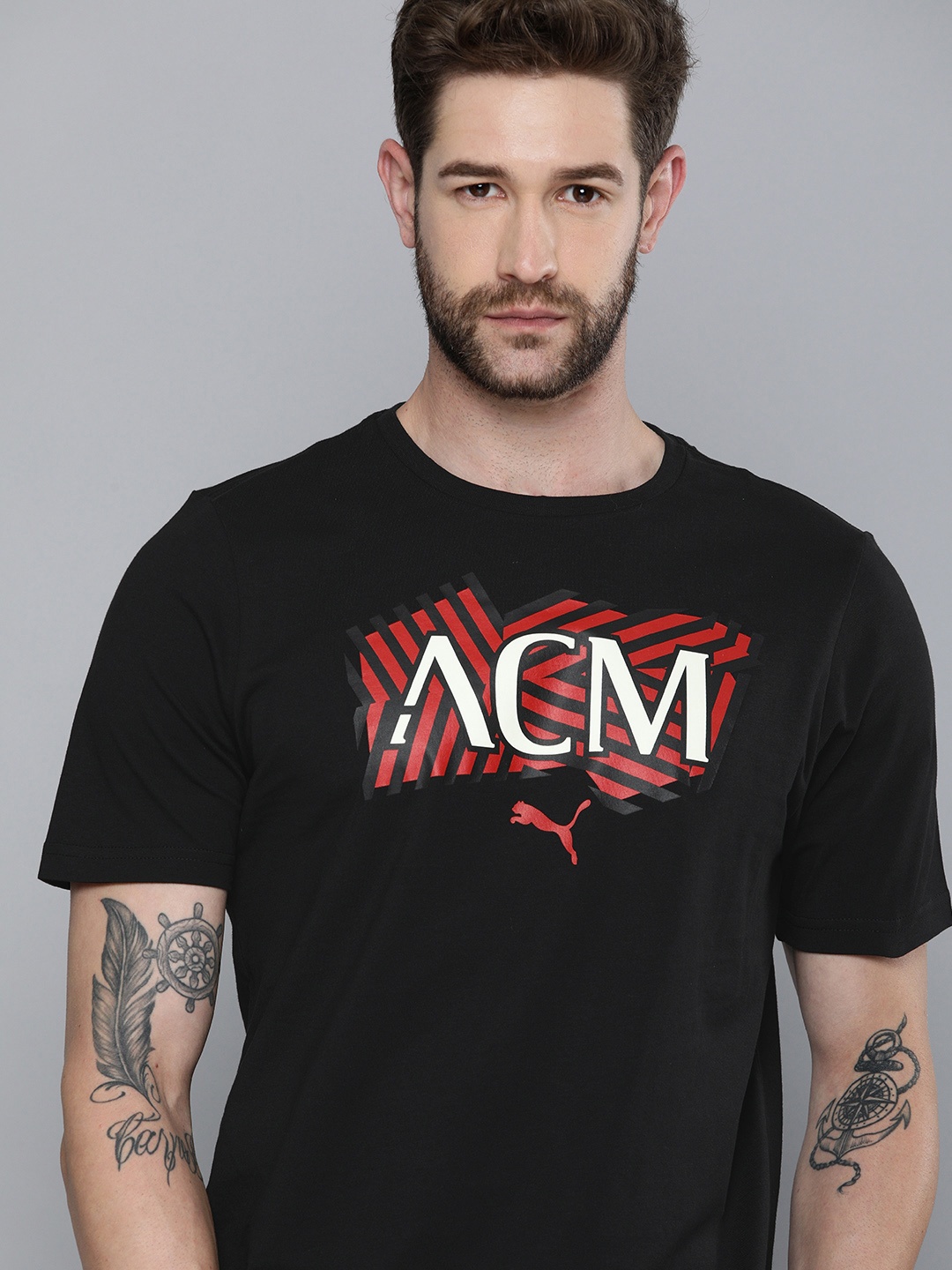 

Puma Men Black Red Printed AC Milan Football Core Pure Cotton Football T-shirt
