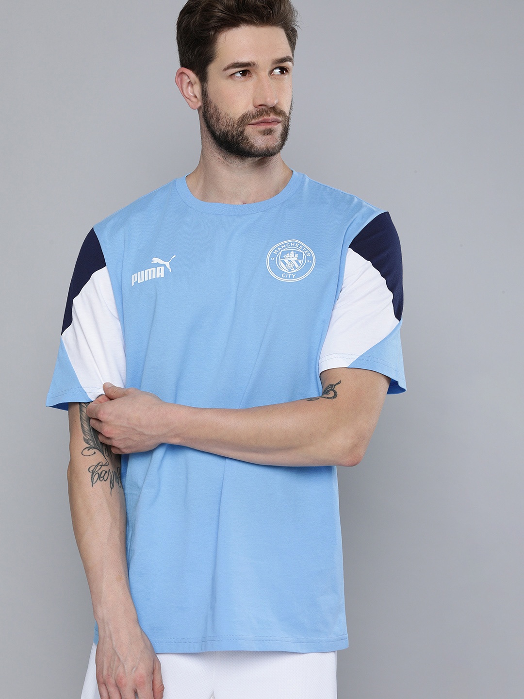 

Puma Men Blue White Printed Manchester City FtblCulture Pure Cotton Football T-shirt