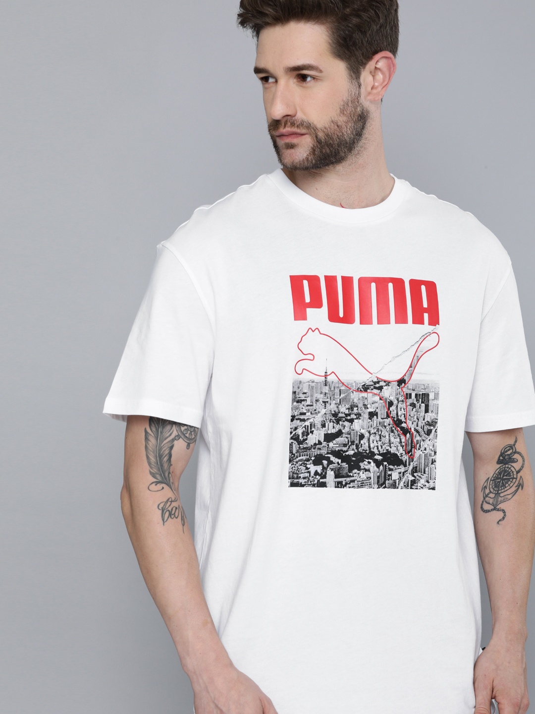 

Puma Men White Red Photo Print Loose Sustainable Pure Cotton T-shirt