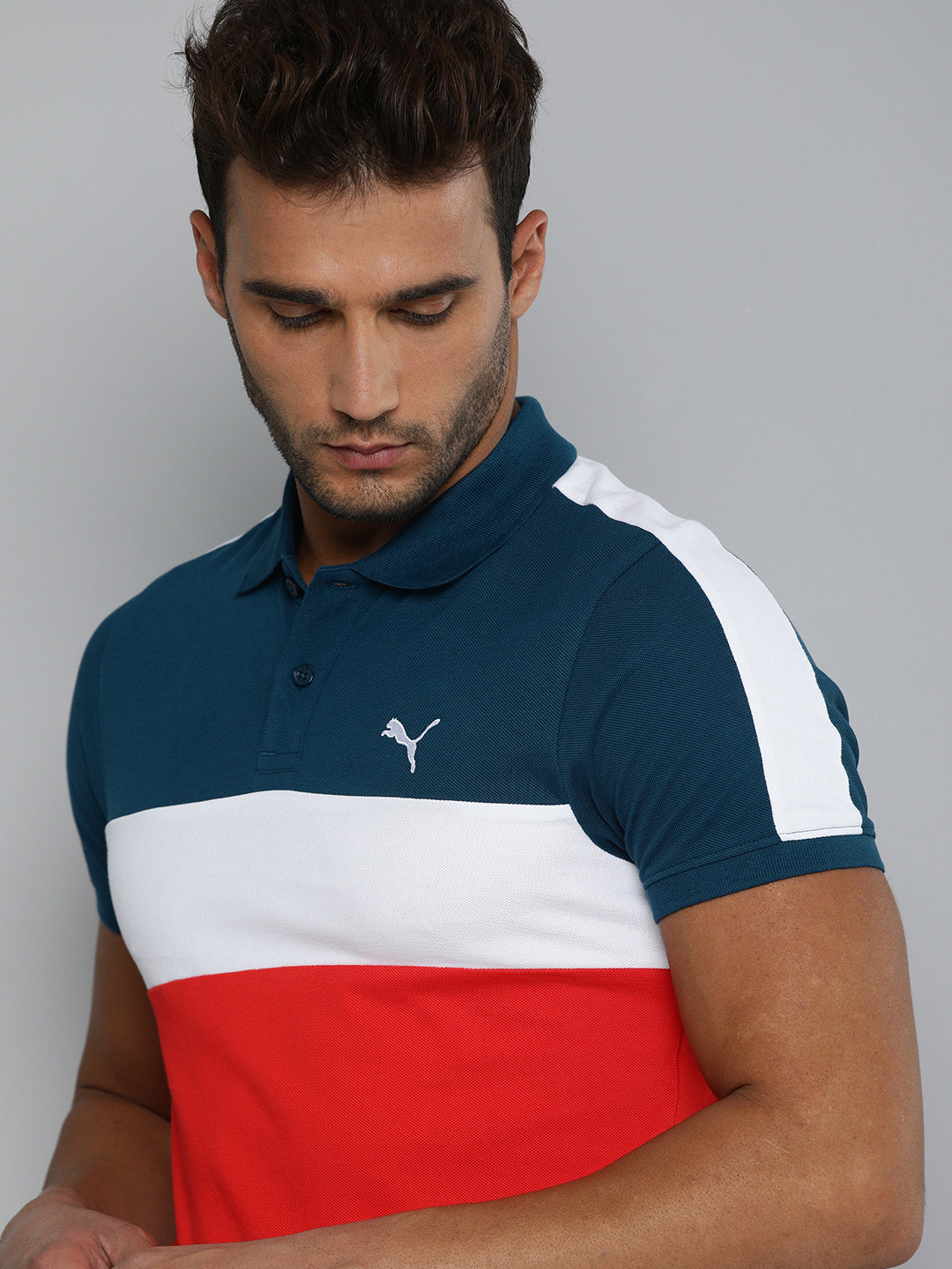 

Puma Men Red Navy Blue Colourblocked Polo Collar Slim Fit Pure Cotton T-shirt