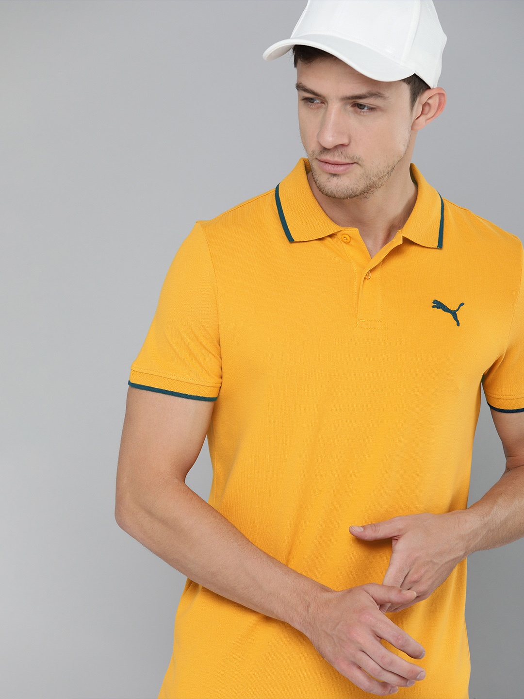 

Puma Men Mustard Yellow Polo Collar Tipping Heather Everfresh Slim Fit T-shirt