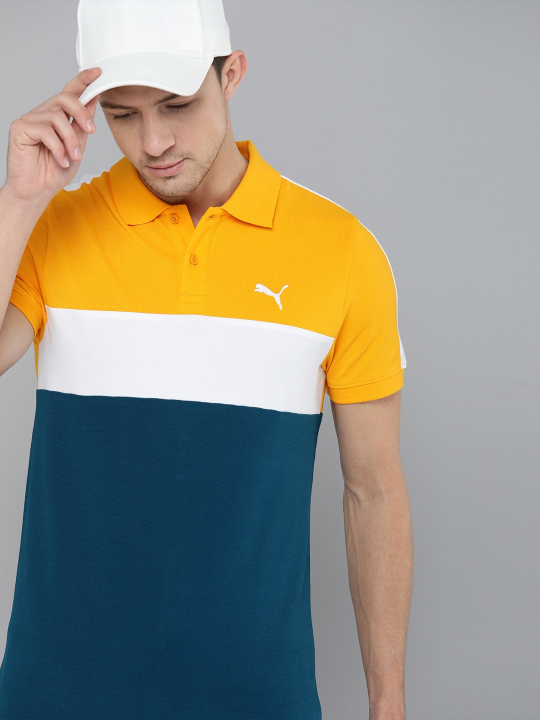 

Puma Men Blue Blue Colourblock Polo Collar Pure Cotton T-shirt