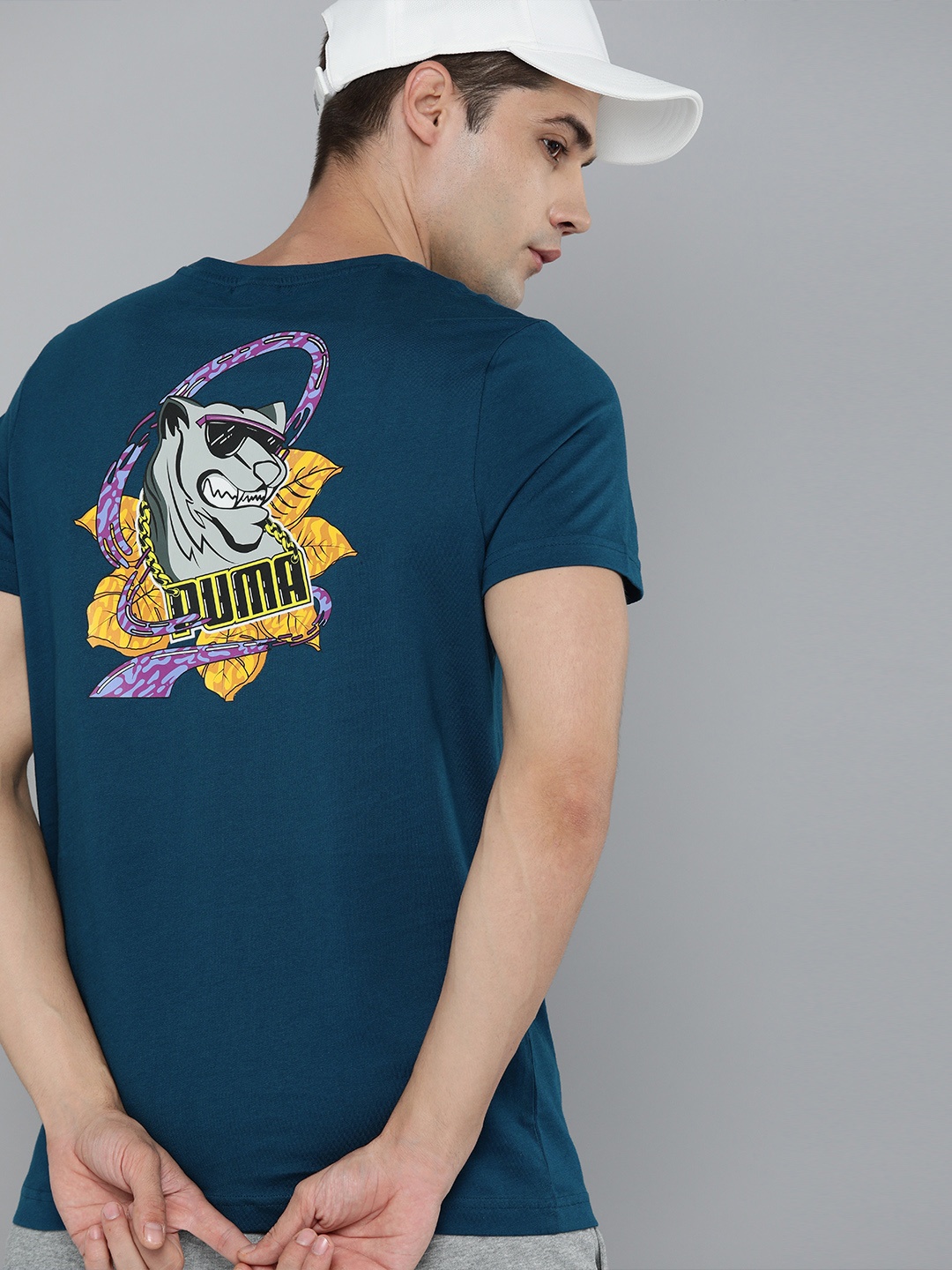 

Puma Men Blue Back Graphic Printed Slim Fit Pure Cotton T-shirt