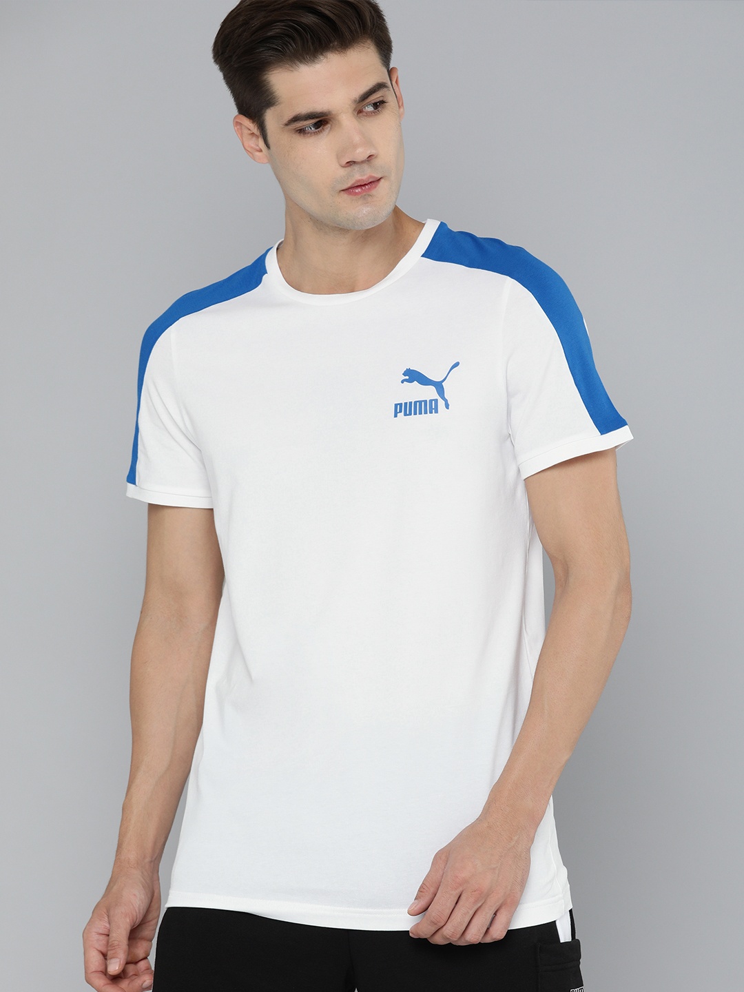 

Puma Men White & Blue Colourblocked Iconic T7 Sustainable T-shirt