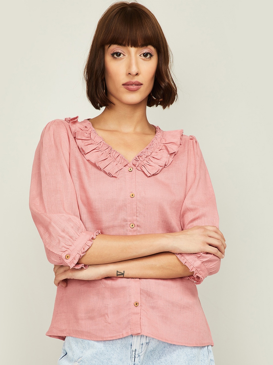 

Bossini Pink Puff Sleeve Shirt Style Top