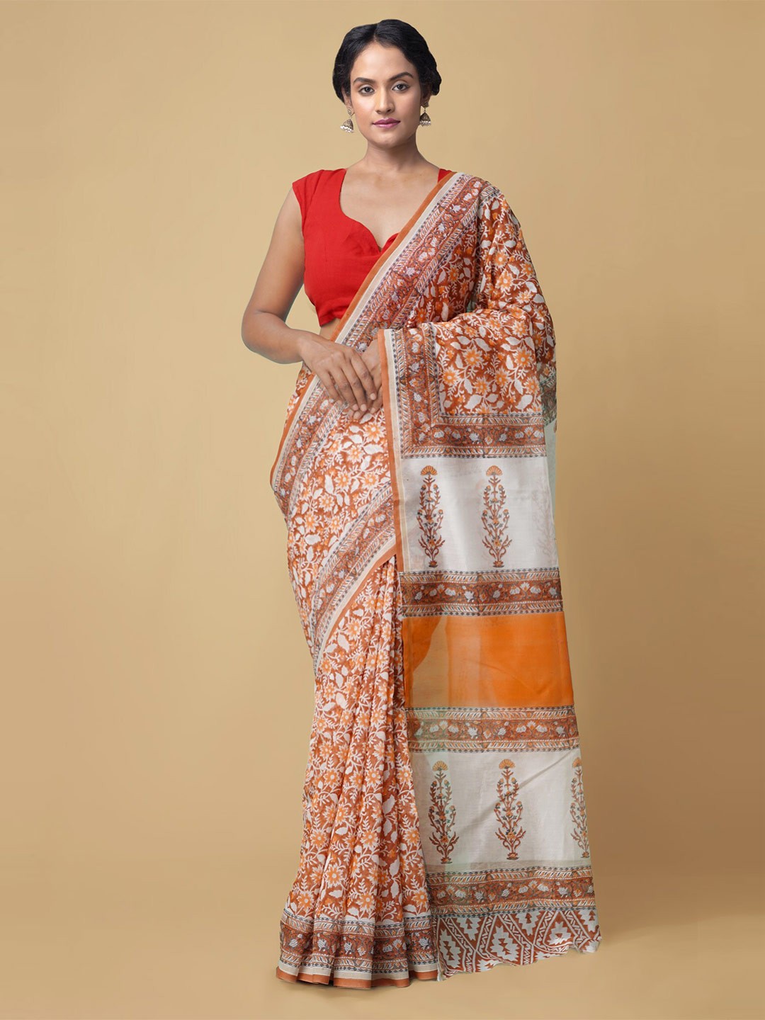 

Unnati Silks Women Red Pure Block Printed Chanderi Sico Sustainable Saree